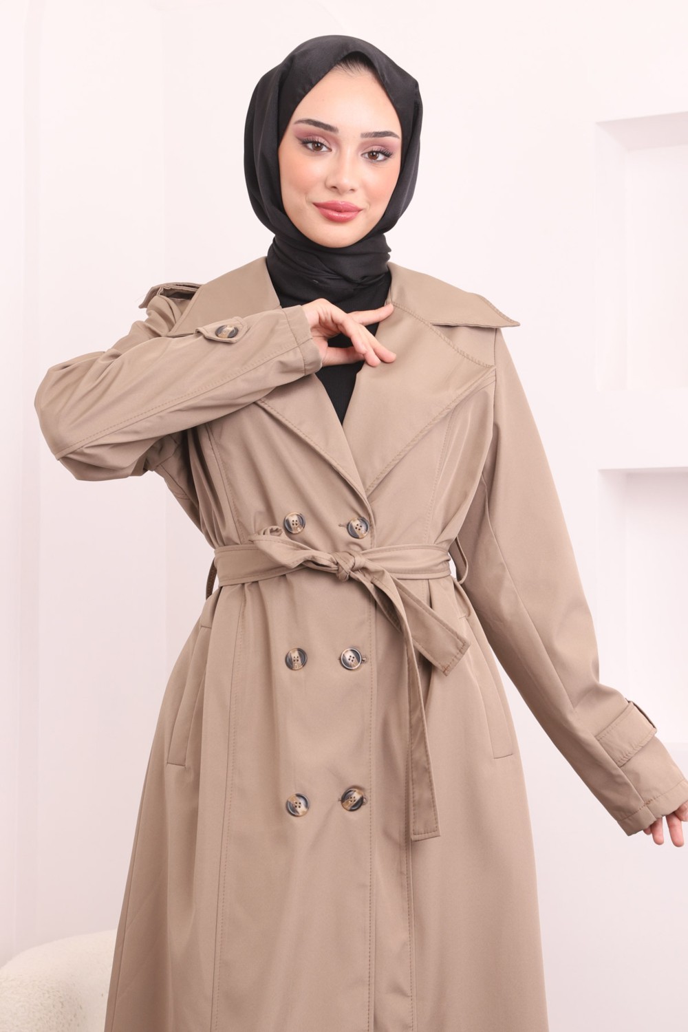 İmaj Butik Haki Kruvaze Yaka Apoletli Uzun Trençkot görsel 3
