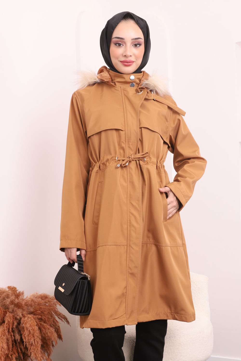 İmaj Butik Taba Yaka Detaylı Kapşonlu Mont