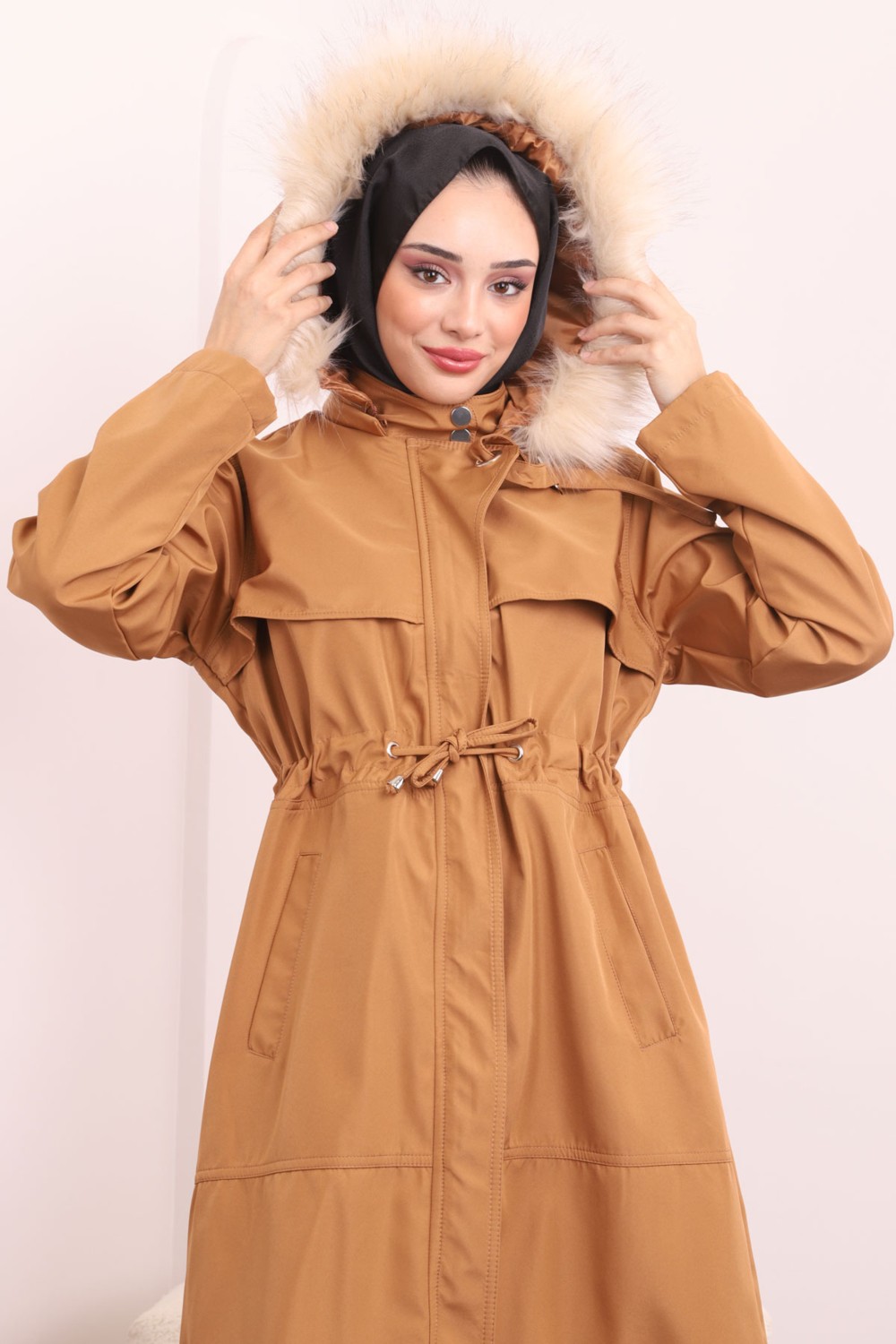 İmaj Butik Taba Yaka Detaylı Kapşonlu Mont görsel 3
