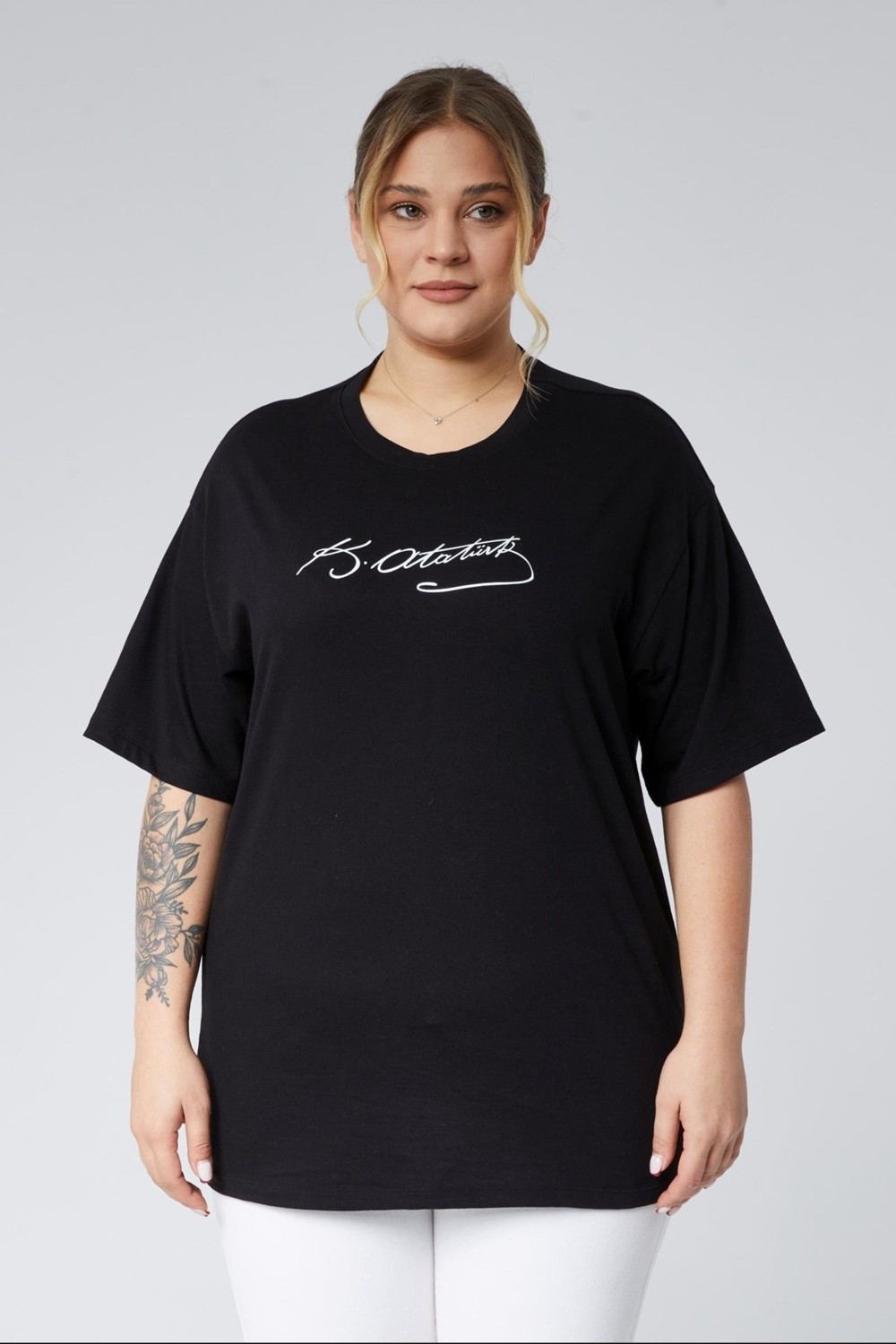 Sea Moda Büyük Beden Atatürk Imza Baskılı Oversize Basic Konfor Kısa Kol Süprem Tshirt-Siyah
