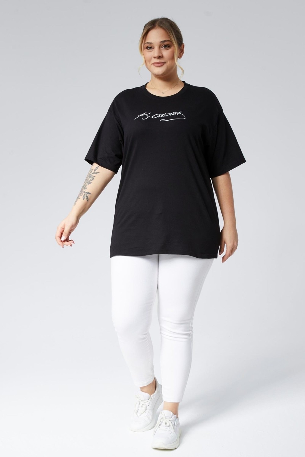 Sea Moda Büyük Beden Atatürk Imza Baskılı Oversize Basic Konfor Kısa Kol Süprem Tshirt-Siyah görsel 2