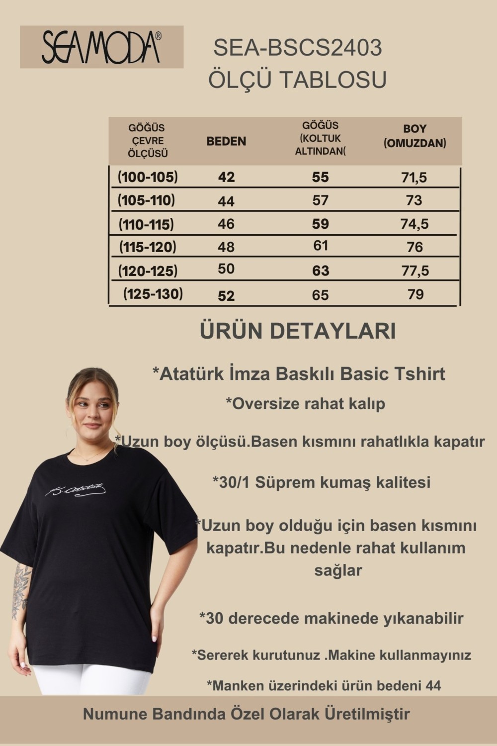 Sea Moda Büyük Beden Atatürk Imza Baskılı Oversize Basic Konfor Kısa Kol Süprem Tshirt-Siyah görsel 3