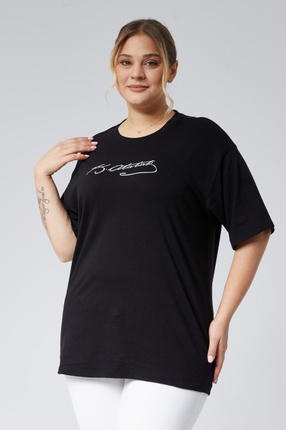 Sea Moda Büyük Beden Atatürk Imza Baskılı Oversize Basic Konfor Kısa Kol Süprem Tshirt-Siyah görsel 4