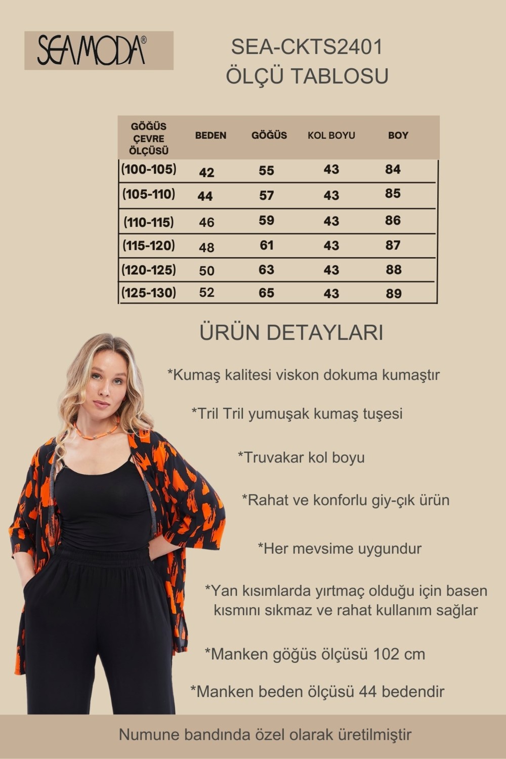 Sea Moda Büyük Beden Kadın Siyah Turuncu Desenli Viskon Konfor Ceket Truvakar Kol Yırtmaçlı görsel 3