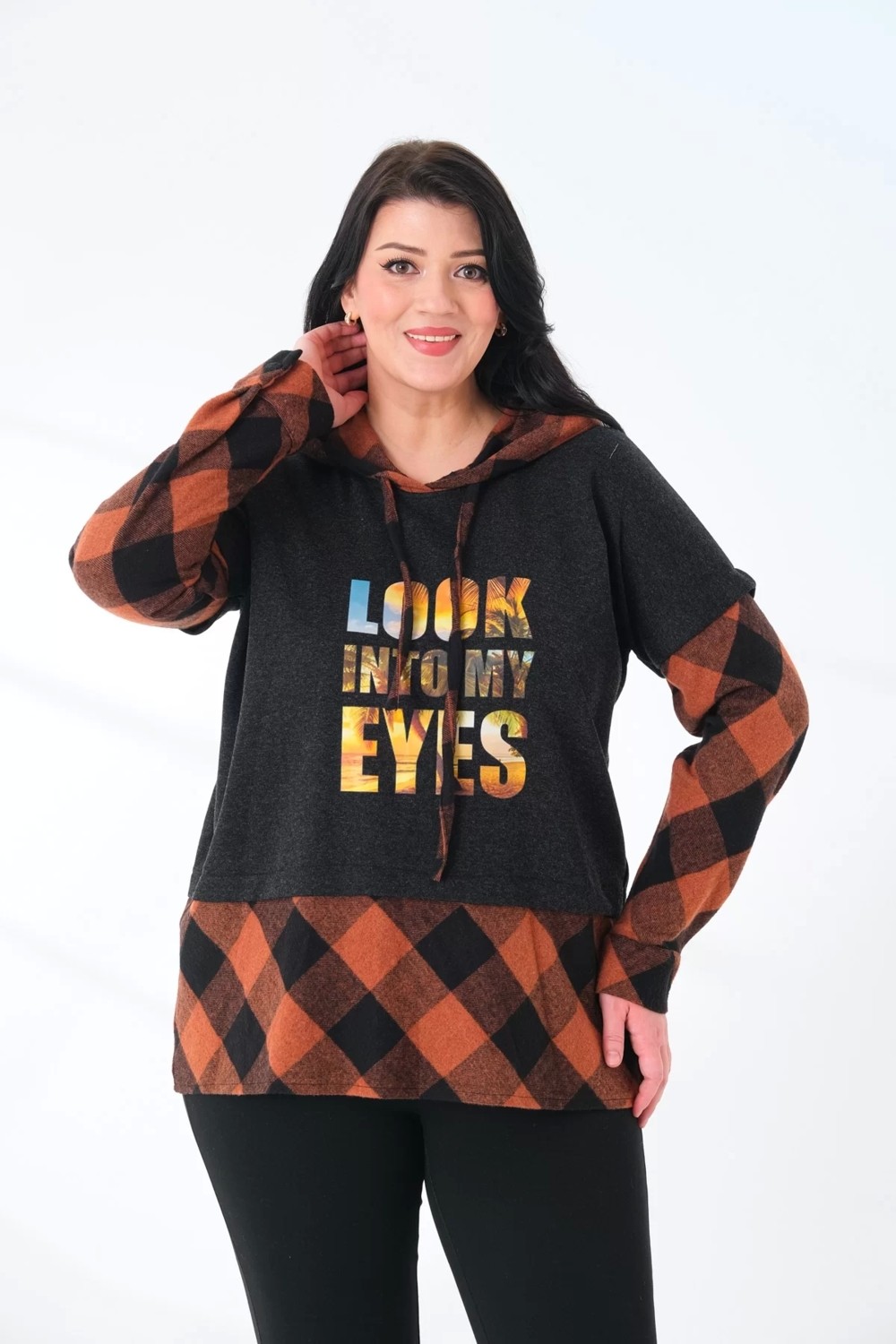 Lady Majestic Ekoseli Oversize Kapüşonlu Büyük Beden Dokuma Sweatshirt