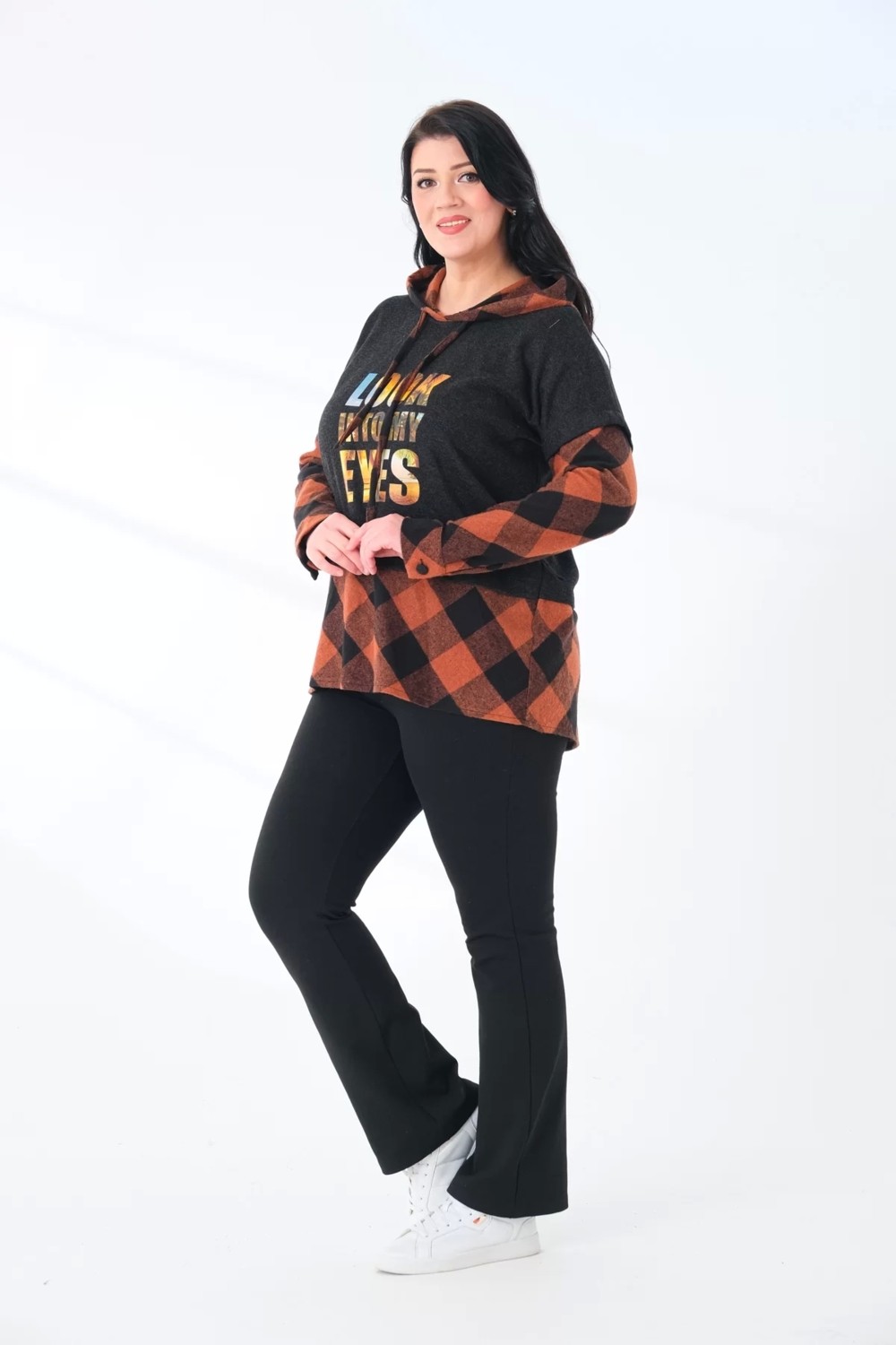 Lady Majestic Ekoseli Oversize Kapüşonlu Büyük Beden Dokuma Sweatshirt görsel 2