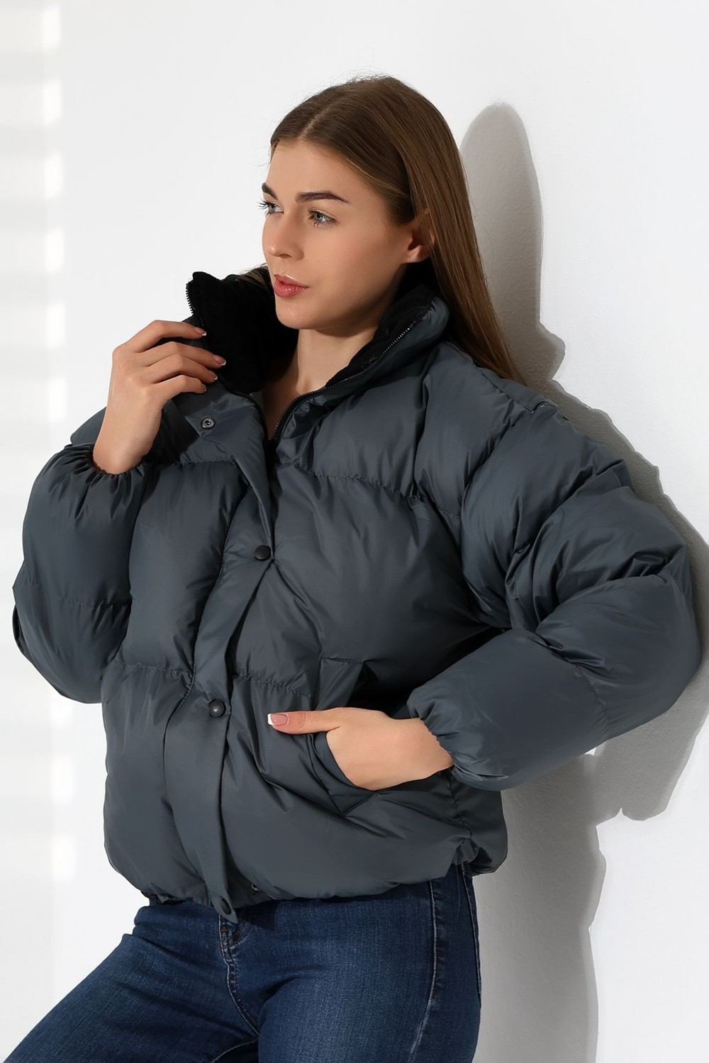Garen Kadın Yaka Kürklü Oversize Mont