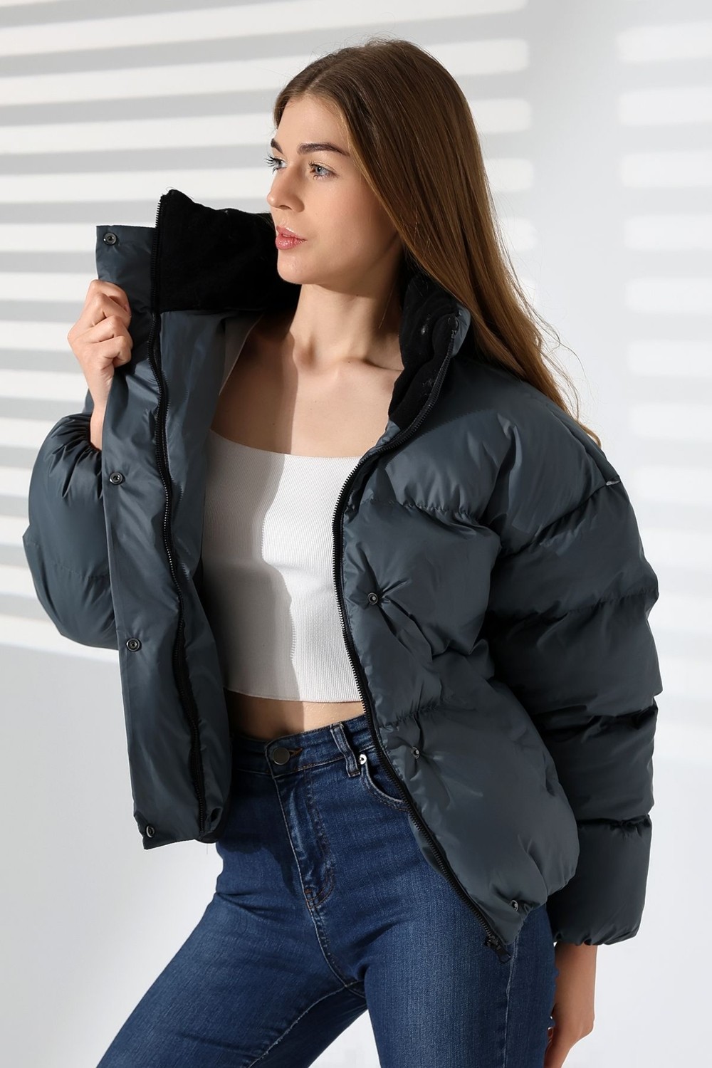 Garen Kadın Yaka Kürklü Oversize Mont görsel 2