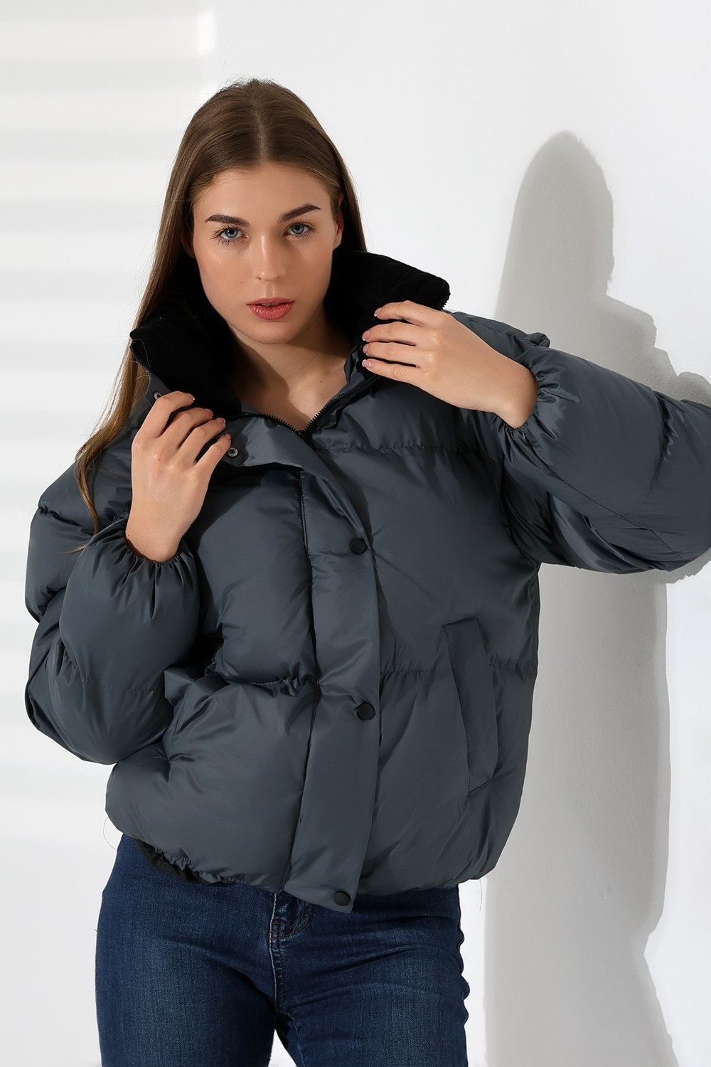 Garen Kadın Yaka Kürklü Oversize Mont görsel 5