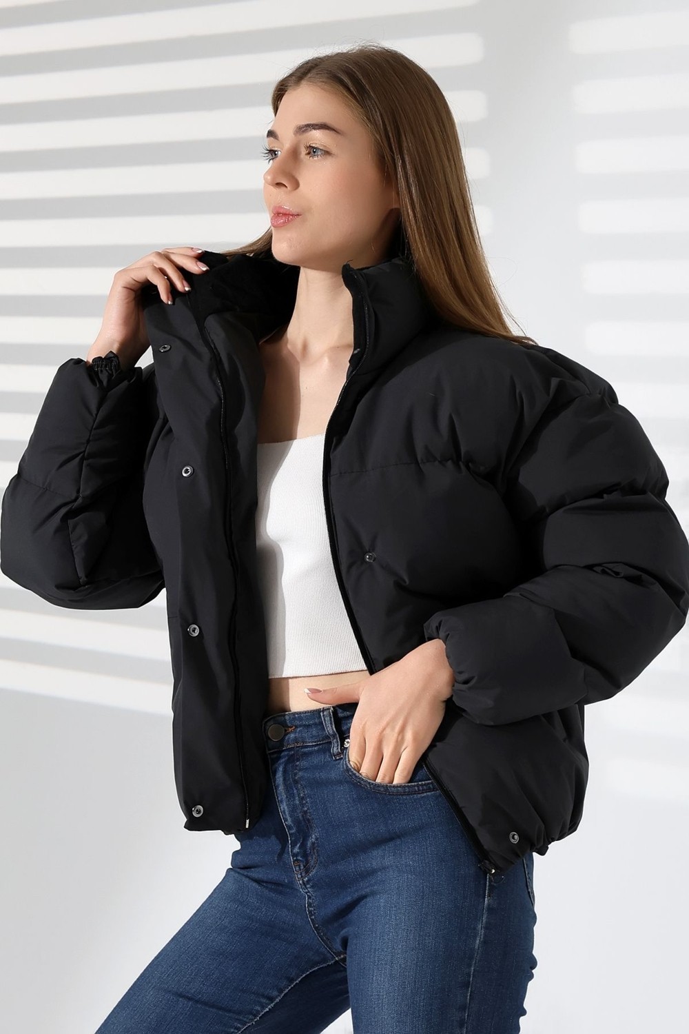 Garen Kadın Yaka Kürklü Oversize Mont görsel 8