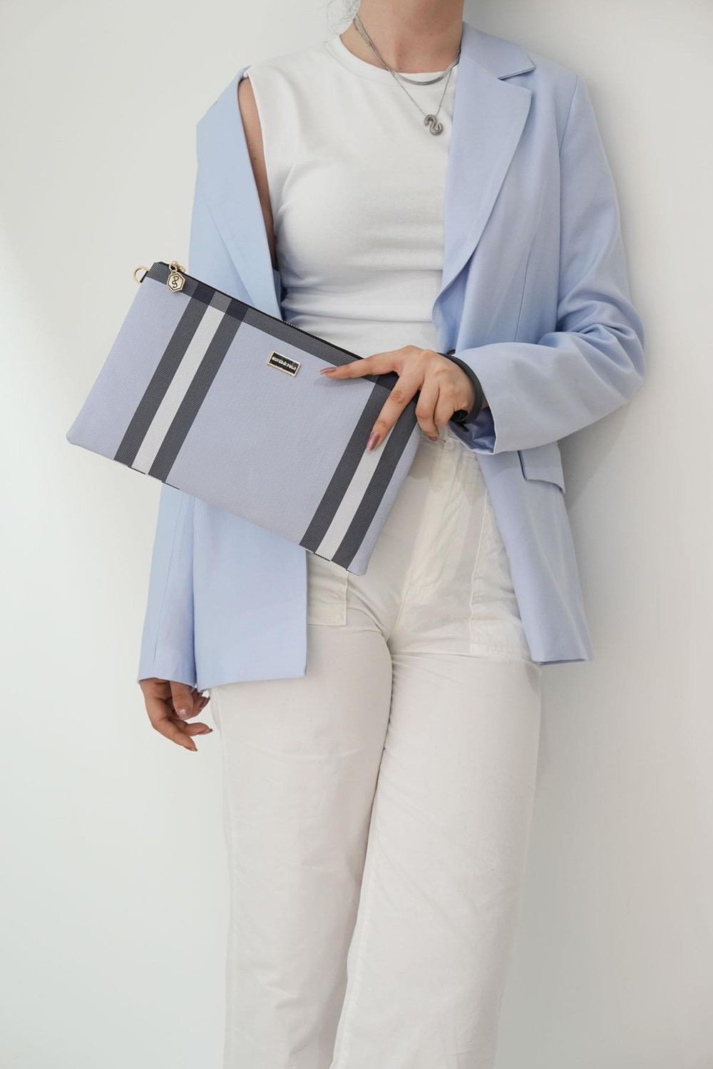 Silver & Polo Silver Polo Mavi - Kemik Ekose Kadın Portföy ve Clutch El Çantası SP1034