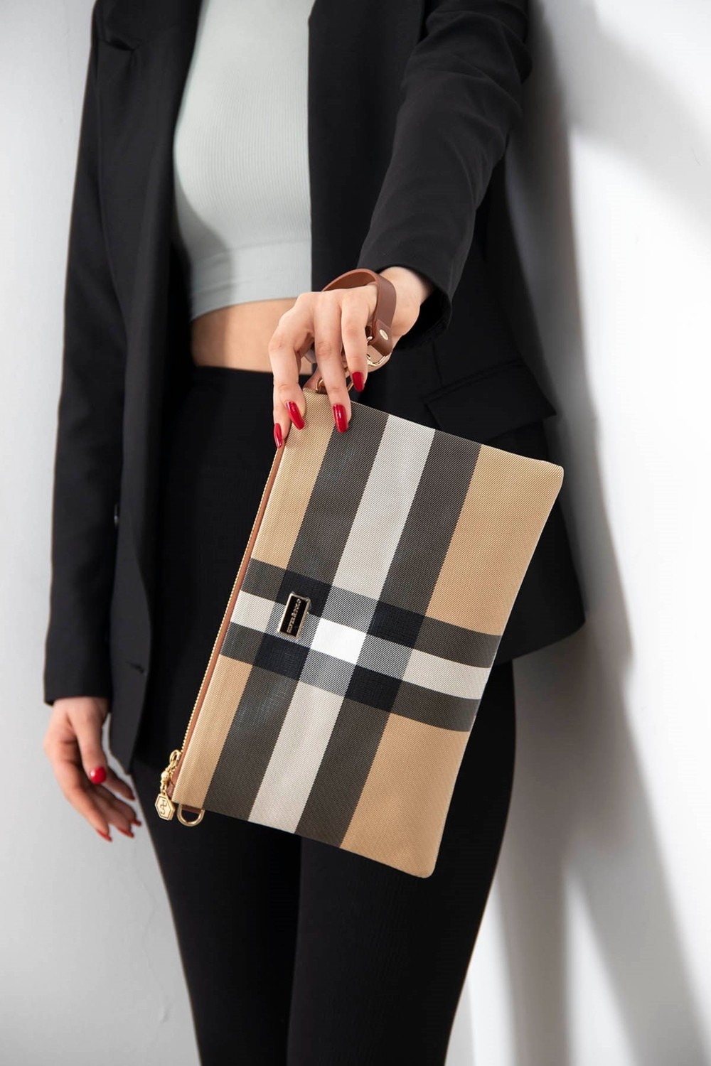 Silver & Polo Silver Polo Mavi - Kemik Ekose Kadın Portföy ve Clutch El Çantası SP1034
