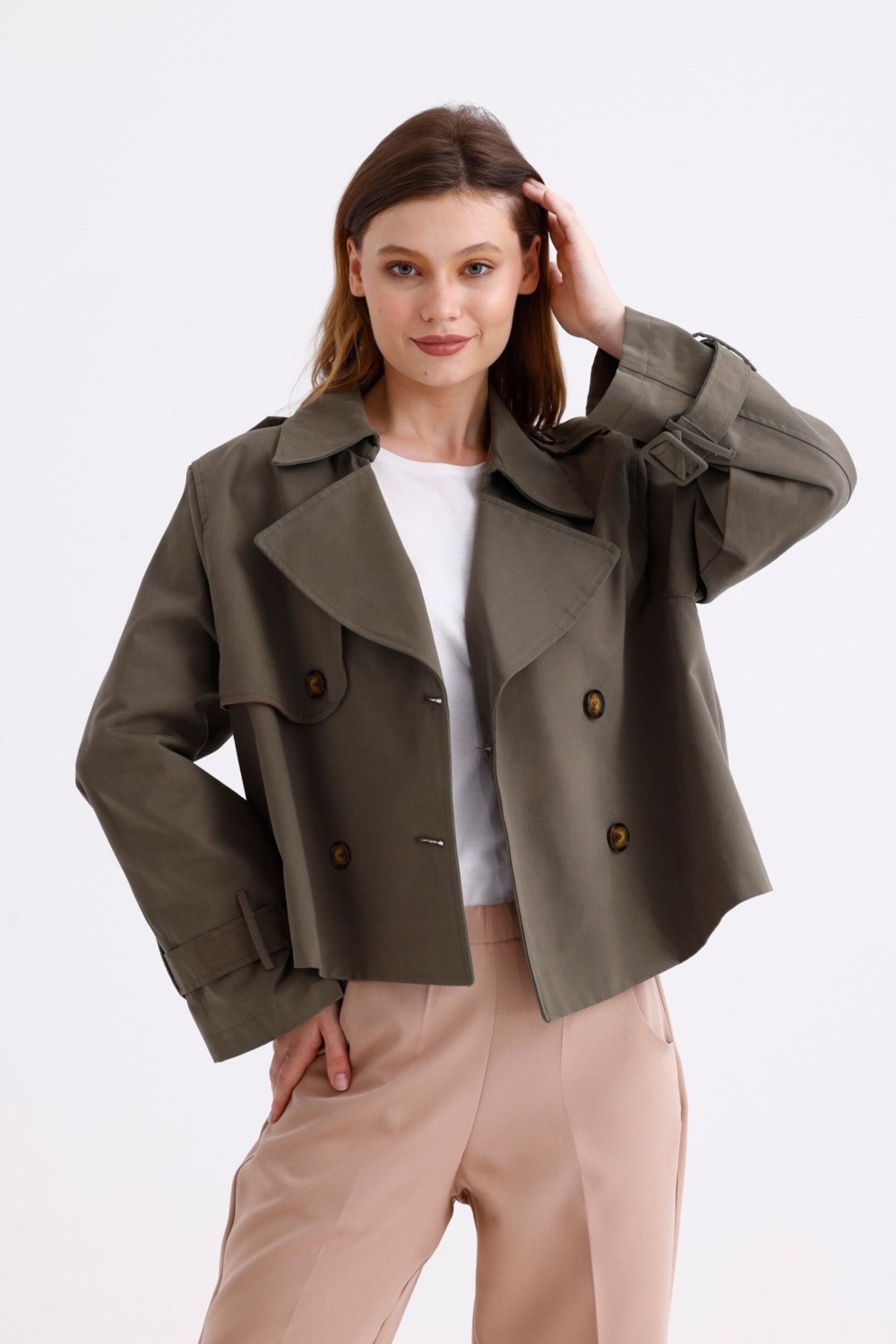 Pastelastore %100 Pamuk Gabardin Astarlı Oversize Geniş Kalıp Kadın Crop Kısa Trençkot 1122