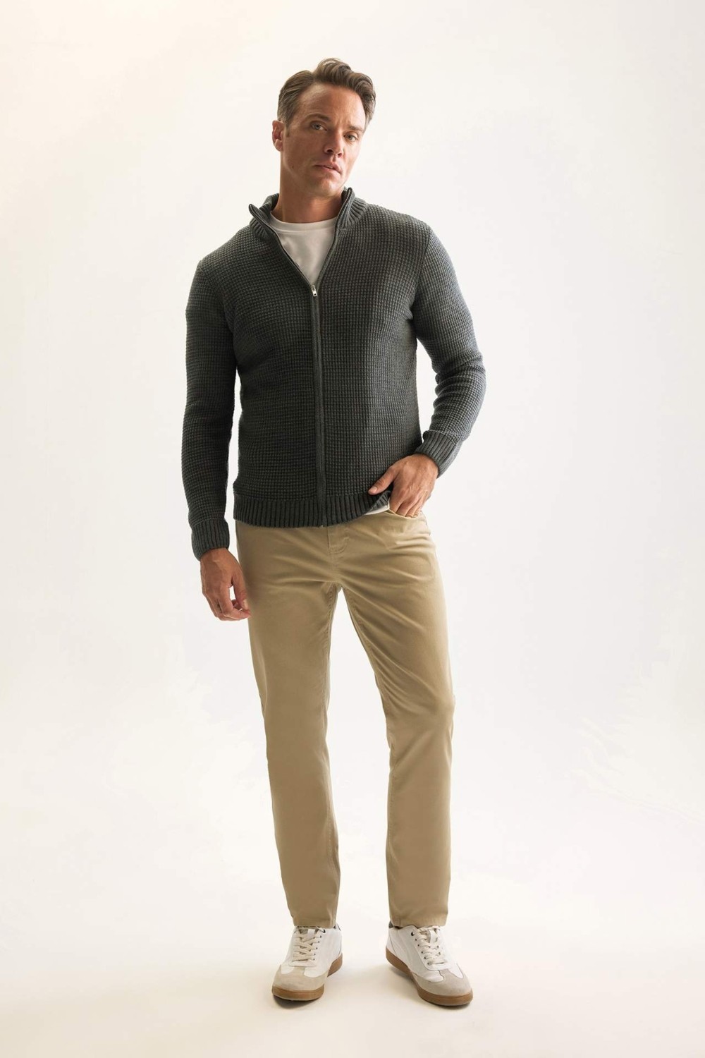 DeFacto Standart Fit Normal Kesim Yarım Balıkçı Yaka Fermuarlı Waffle Hırka R1195AZNS görsel 2