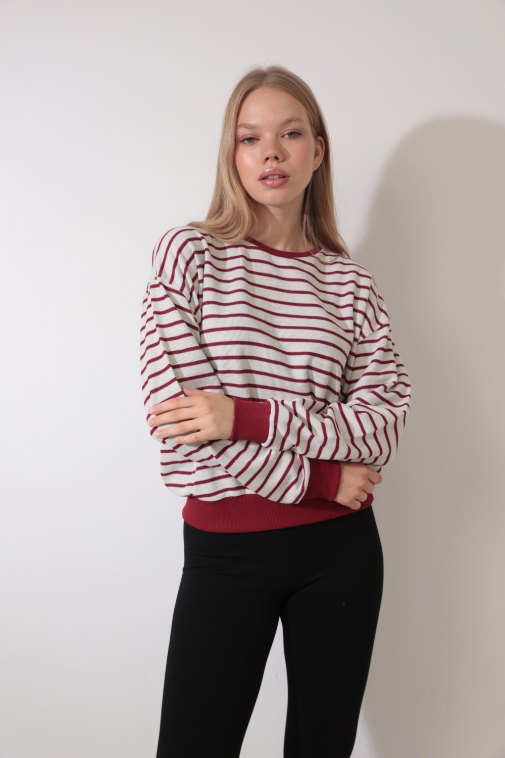 Amida Bordo Çizgili Bisiklet Yaka Selanik Sweatshirt - 2433