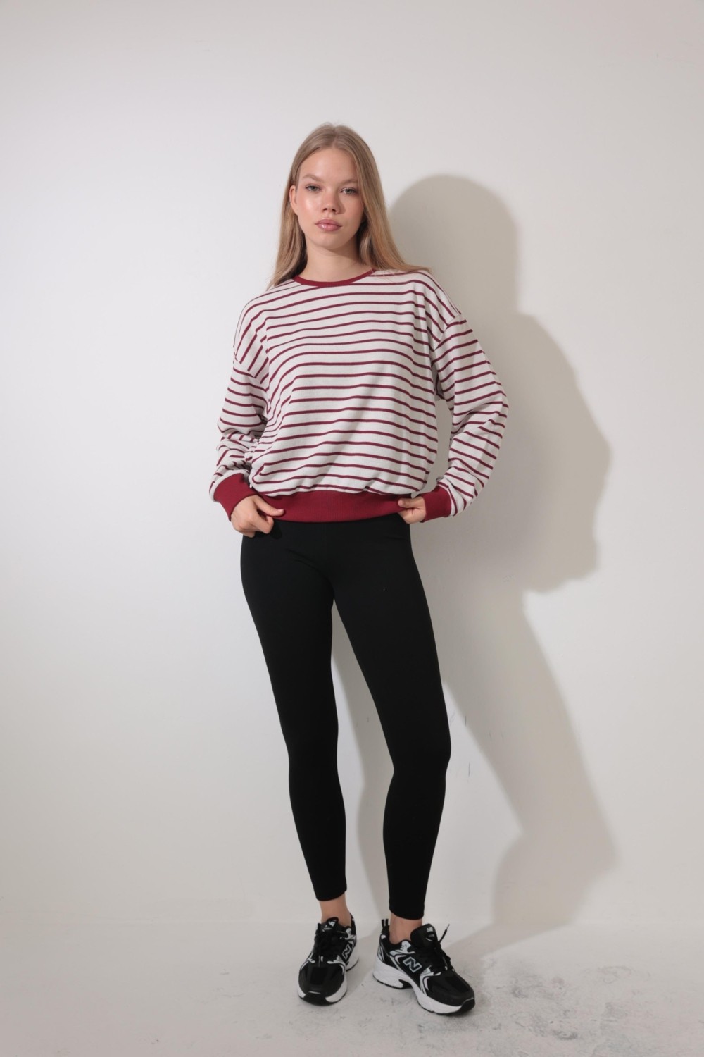 Amida Bordo Çizgili Bisiklet Yaka Selanik Sweatshirt - 2433 görsel 2