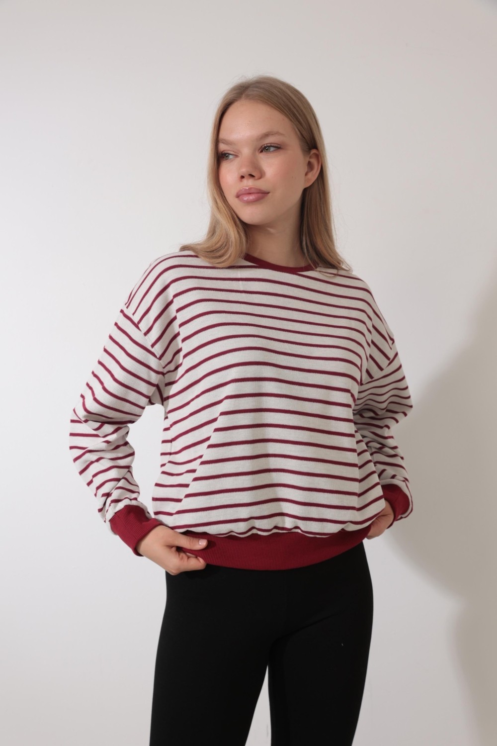 Amida Bordo Çizgili Bisiklet Yaka Selanik Sweatshirt - 2433 görsel 3