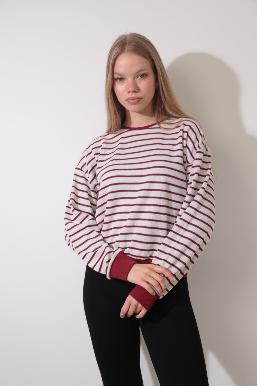 Amida Bordo Çizgili Bisiklet Yaka Selanik Sweatshirt - 2433 görsel 4