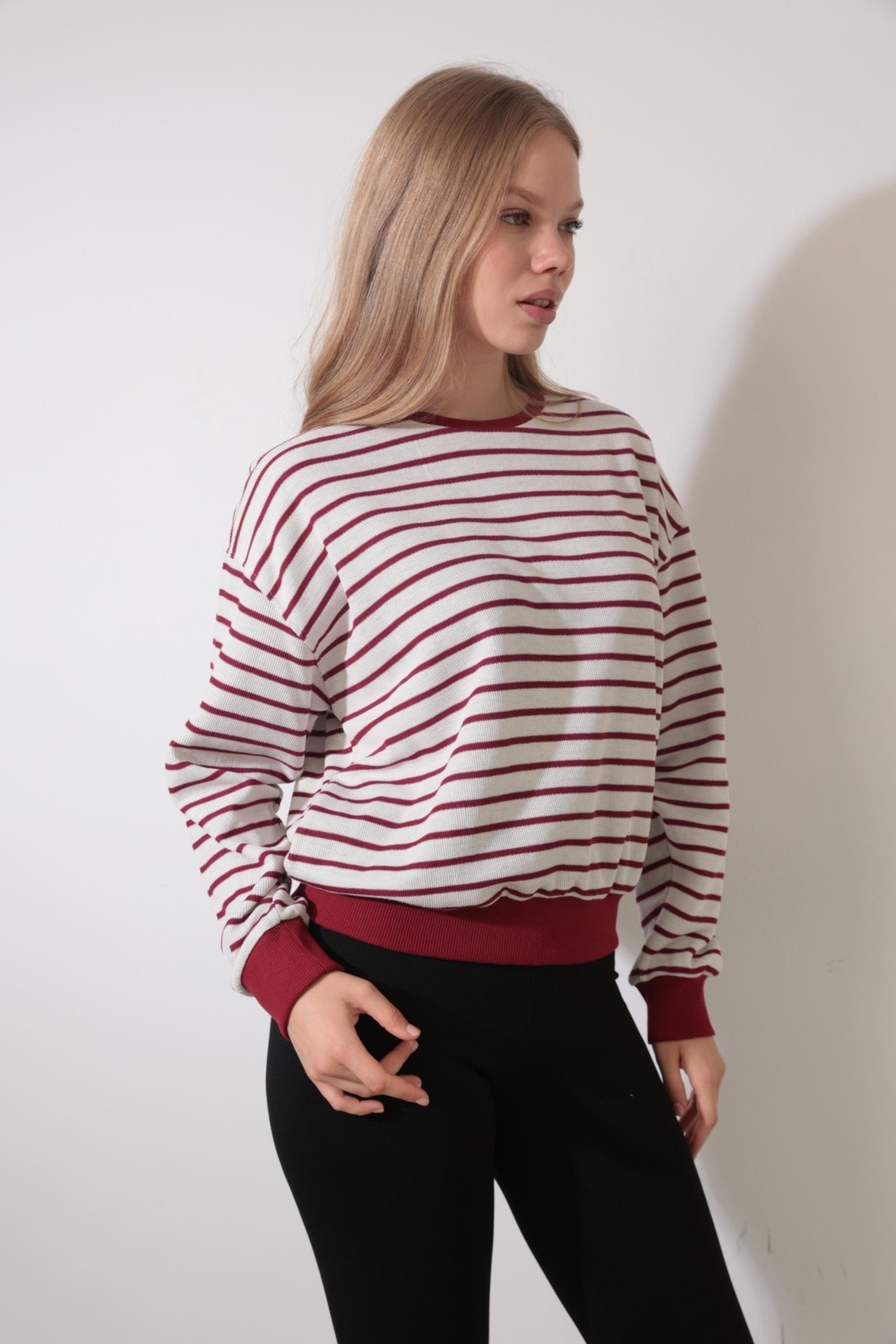 Amida Bordo Çizgili Bisiklet Yaka Selanik Sweatshirt - 2433 görsel 5