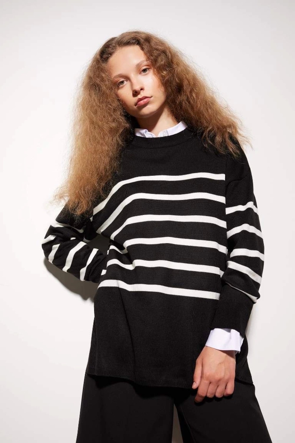 DeFacto S7517 Relax Fit Yumuşak Dokulu Çizgili Bisiklet Yaka Kazak Tunik görsel 3