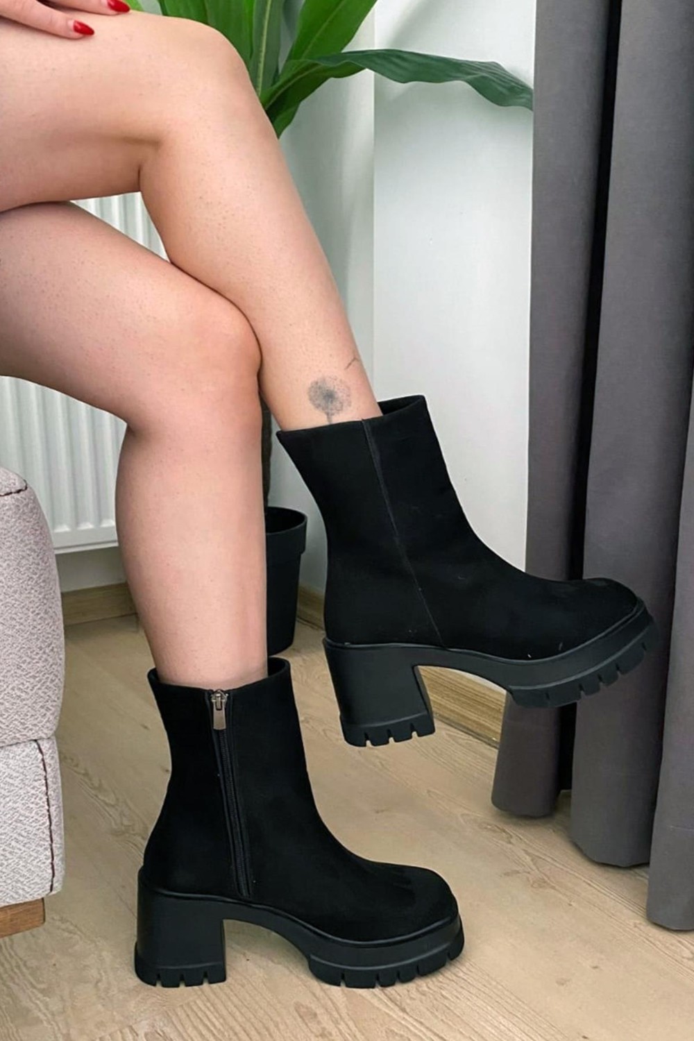 Preshley Kadın Pita Siyah Süet ( 8 cm ) Platfom Topuklu Fermuarlı Bot görsel 6