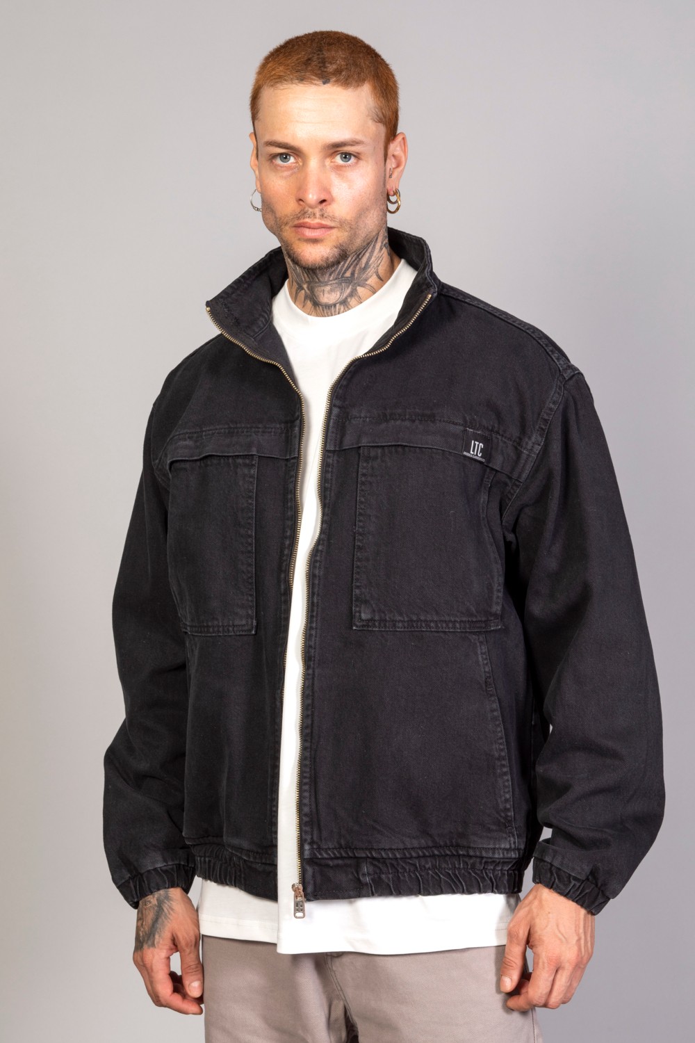 Little Cup Jeans Co Oversize Siyah Yıkamalı Modelli Erkek Fermuarlı Bomber Kot Ceket görsel 4
