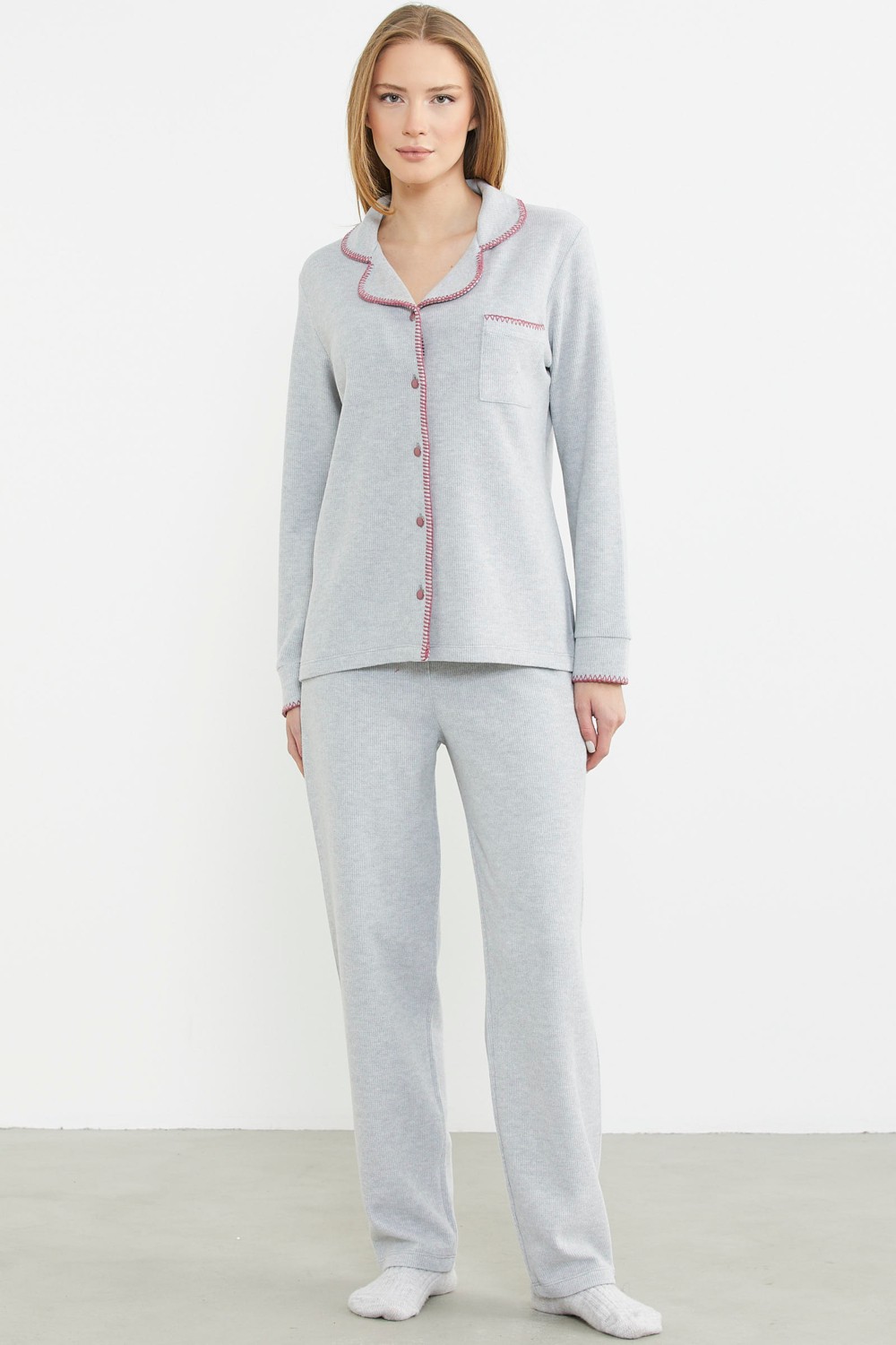 Sementa Düğmeli Gömlek Model Pijama Takım - Gri görsel 6