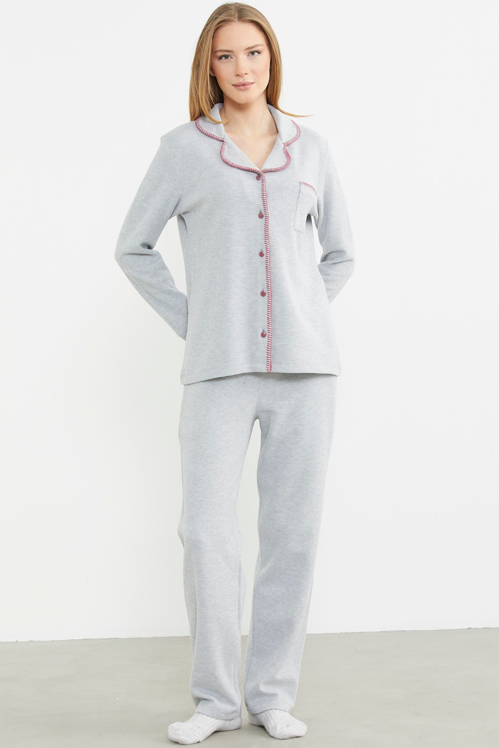 Sementa Düğmeli Gömlek Model Pijama Takım - Gri görsel 8