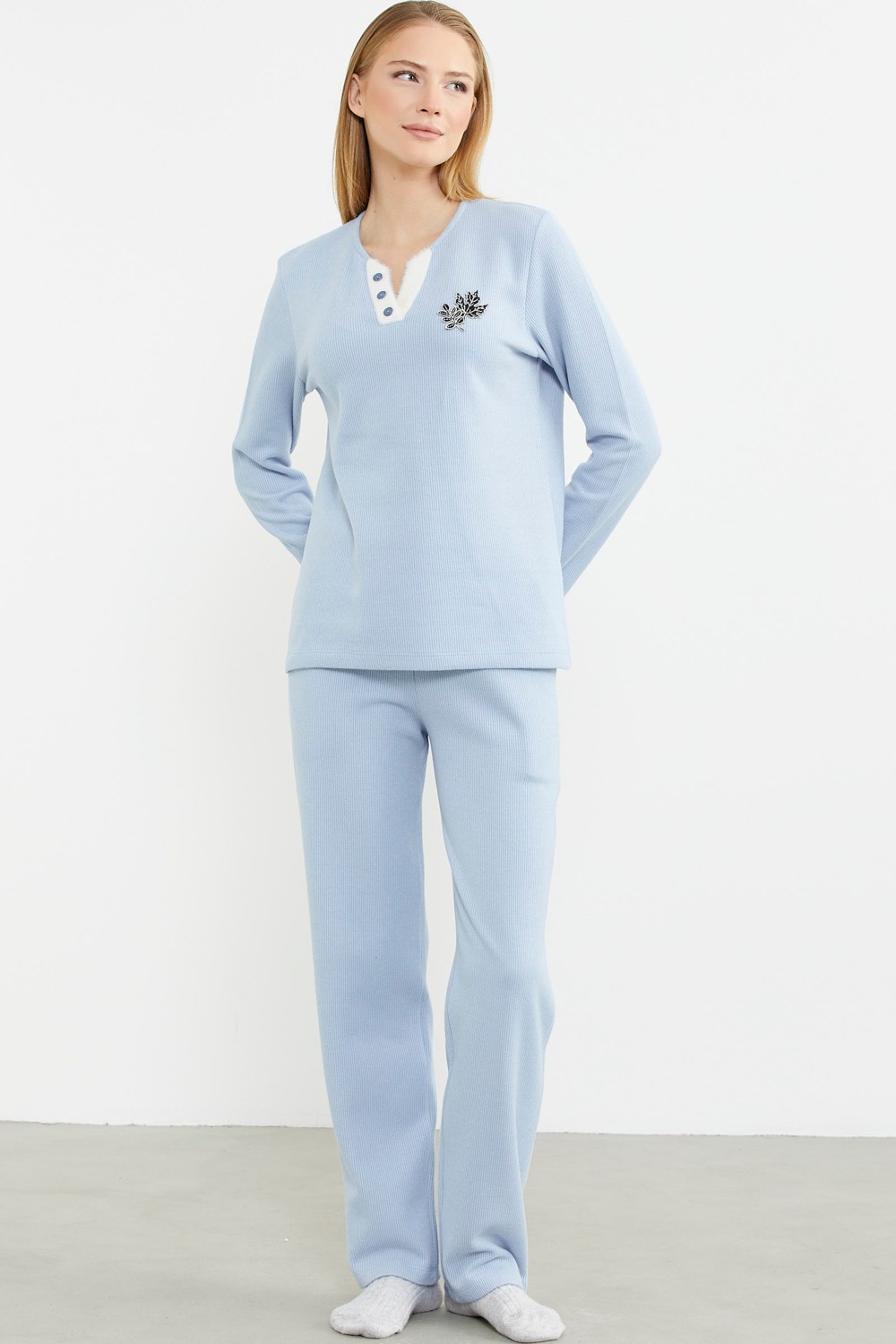 Sementa Fitilli Yaka Detaylı Pijama Takım - Gri görsel 3