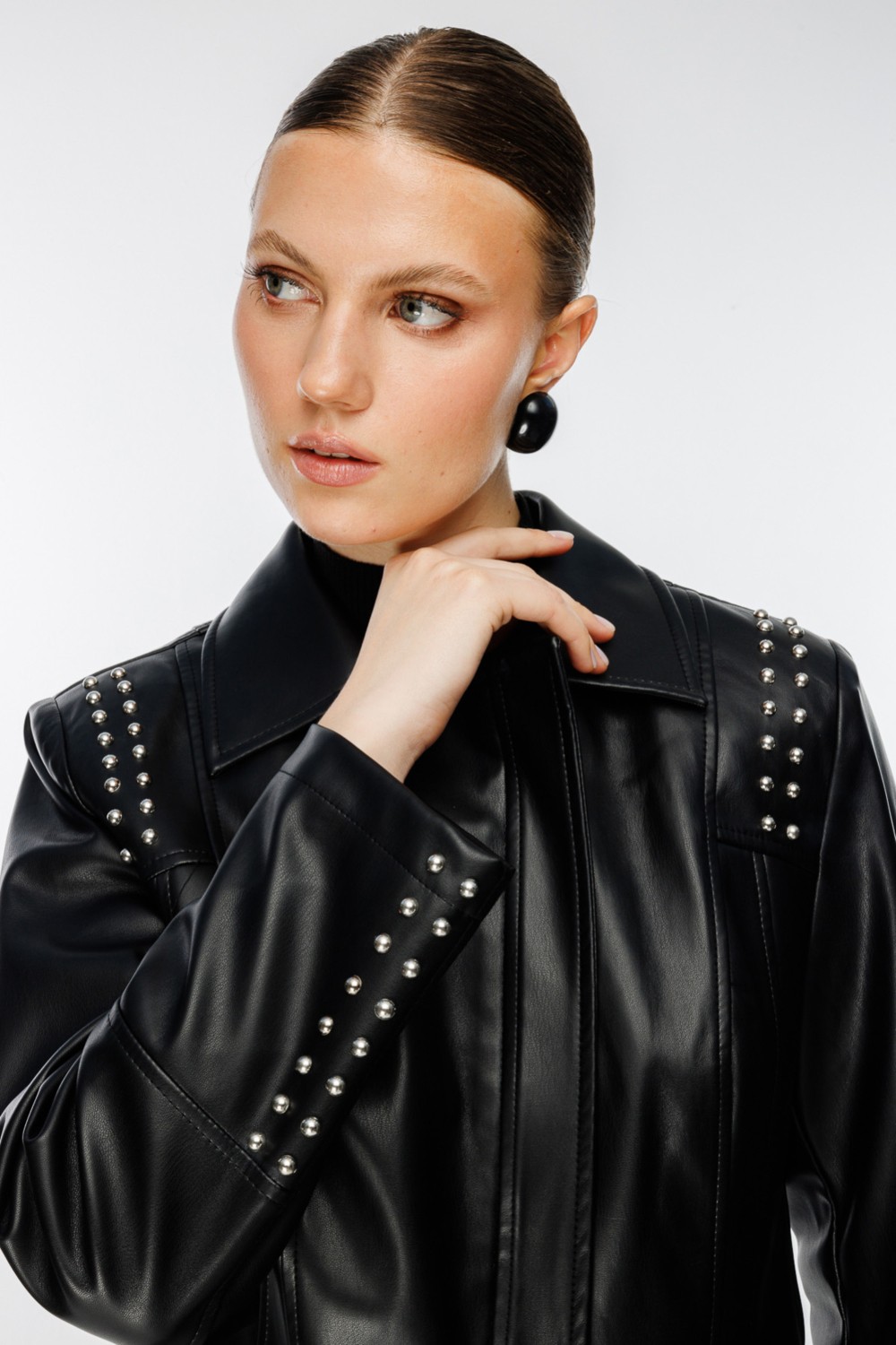 Ekol Kadın Büyük Beden Zımba Detaylı Deri Mont 6305 Siyah görsel 2