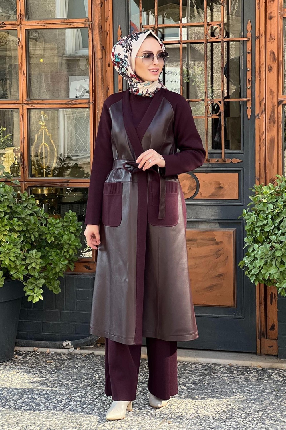 Miss Dalida Önü Deri Kuşaklı Uzun Ceket T25K-8011 Bordo