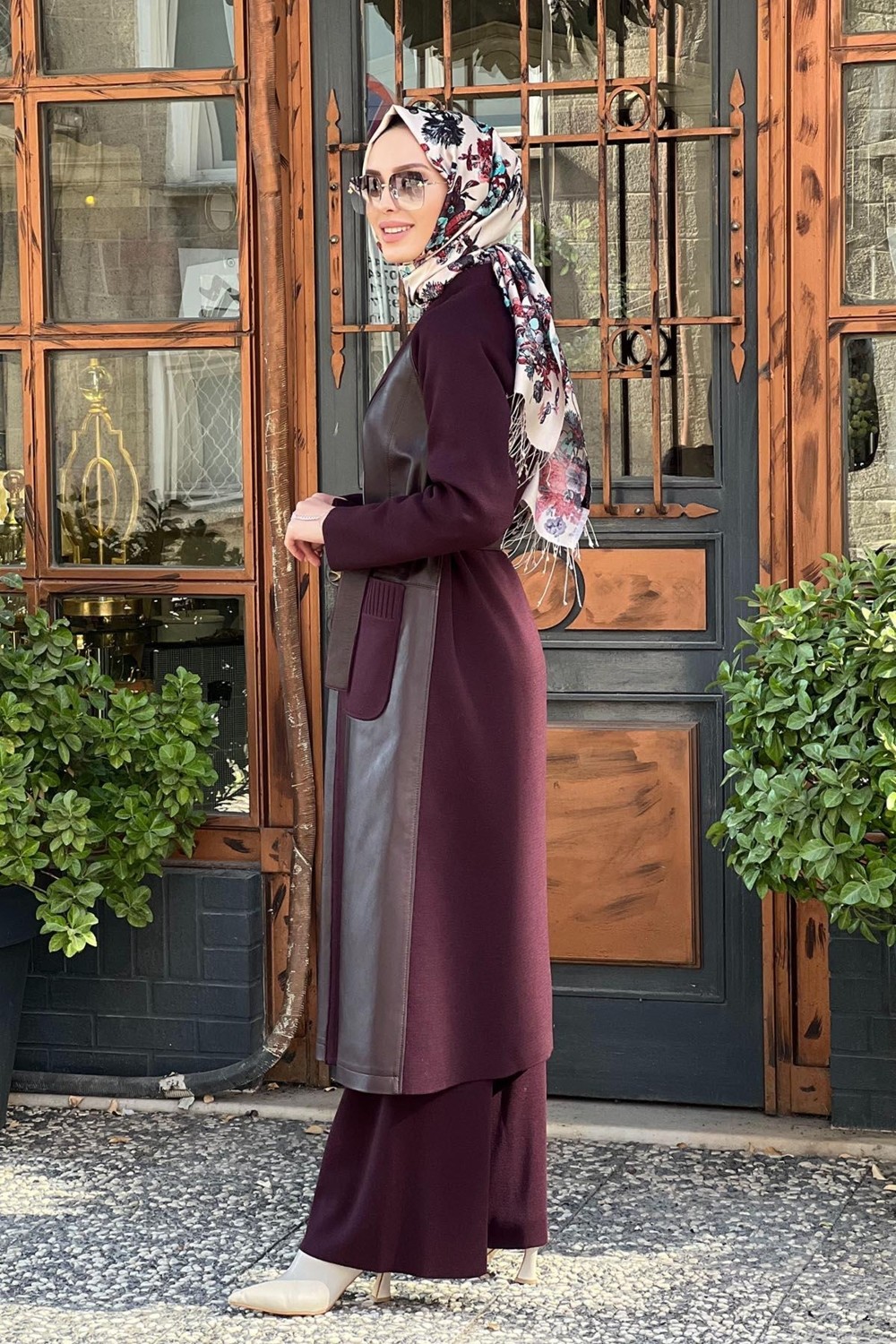 Miss Dalida Önü Deri Kuşaklı Uzun Ceket T25K-8011 Bordo görsel 2
