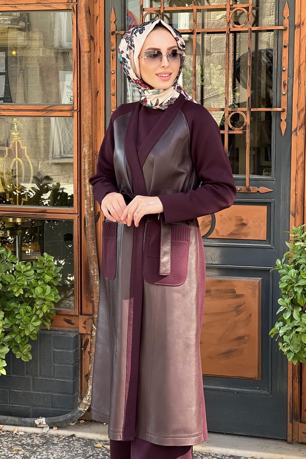 Miss Dalida Önü Deri Kuşaklı Uzun Ceket T25K-8011 Bordo görsel 3