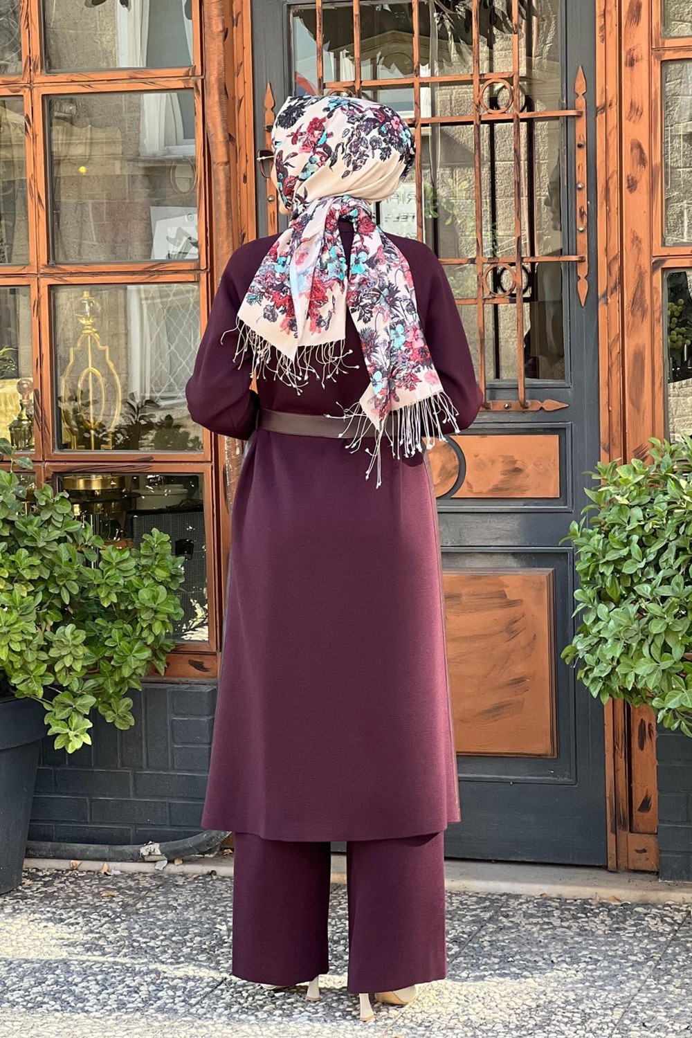 Miss Dalida Önü Deri Kuşaklı Uzun Ceket T25K-8011 Bordo görsel 4