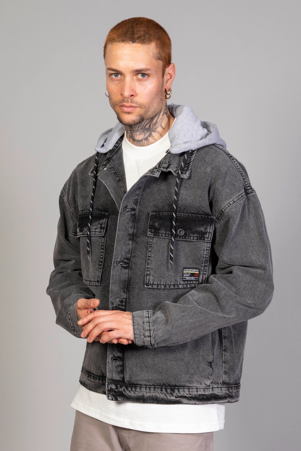 Little Cup Jeans Co Erkek Kar Yıkama Kapüşonlu Çıkarılabilir Kapüşonlu Oversize Kot Ceket görsel 7