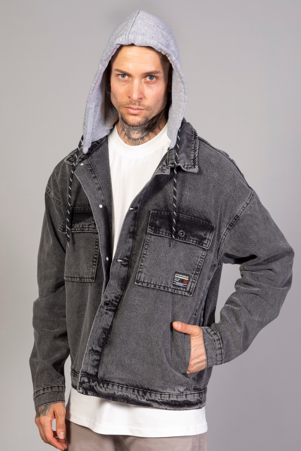 Little Cup Jeans Co Erkek Kar Yıkama Kapüşonlu Çıkarılabilir Kapüşonlu Oversize Kot Ceket görsel 8