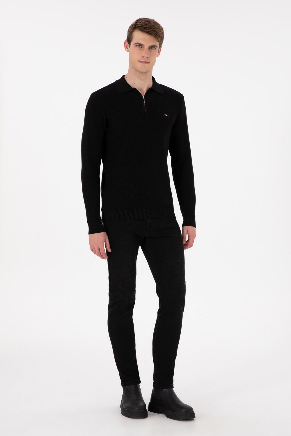 U.S. Polo Assn. Erkek Regular Fit Yarım Fermuarlı Antrasit Melanj Basic Kazak 50298266-VR081 görsel 4