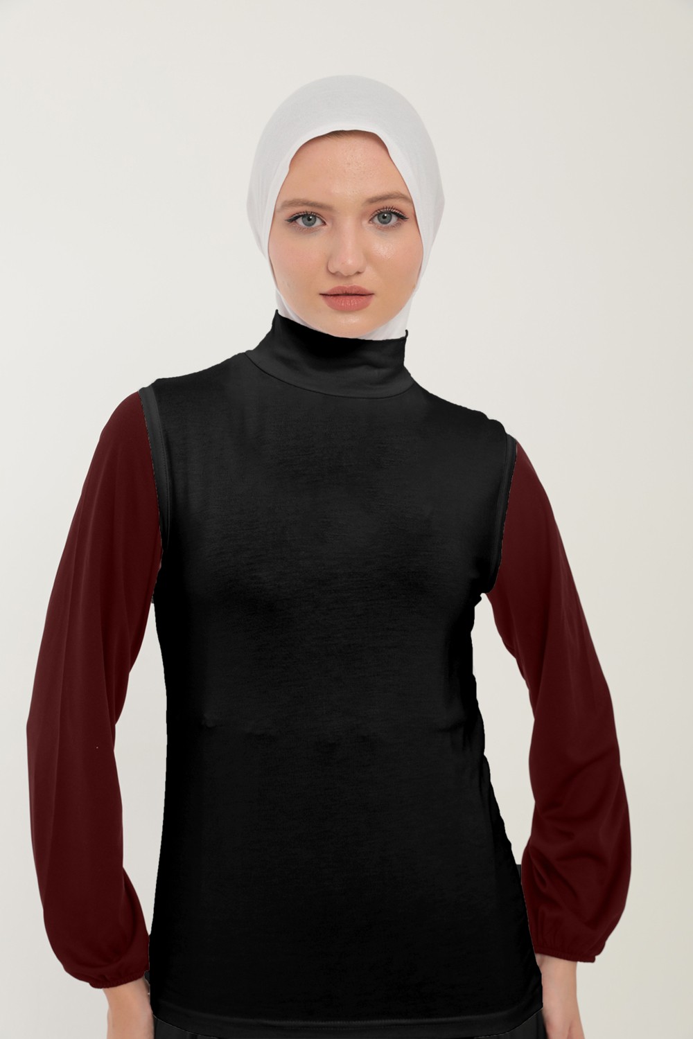 Sonbahar Moda Kadın Sıfır Kollu Yarım Balıkçı Yakalı Penye Likralı Body