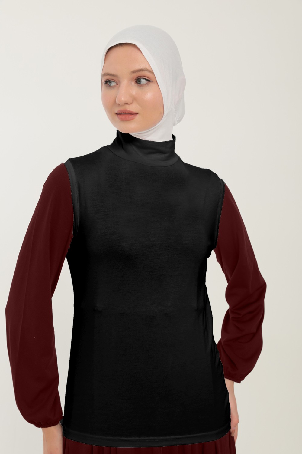 Sonbahar Moda Kadın Sıfır Kollu Yarım Balıkçı Yakalı Penye Likralı Body görsel 2