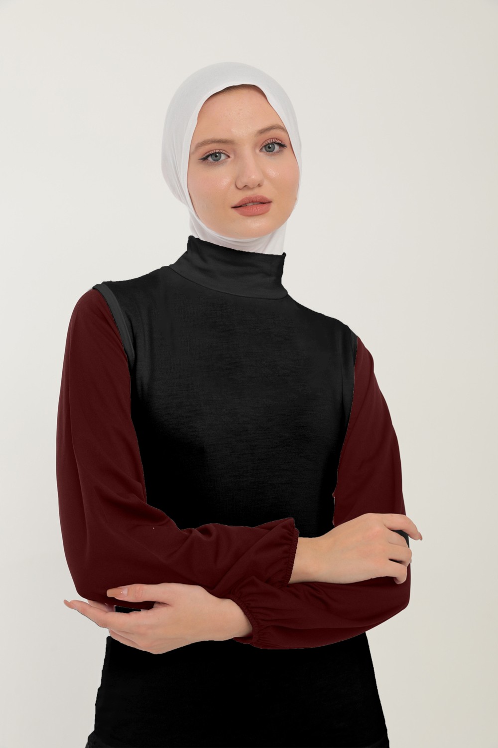 Sonbahar Moda Kadın Sıfır Kollu Yarım Balıkçı Yakalı Penye Likralı Body görsel 4