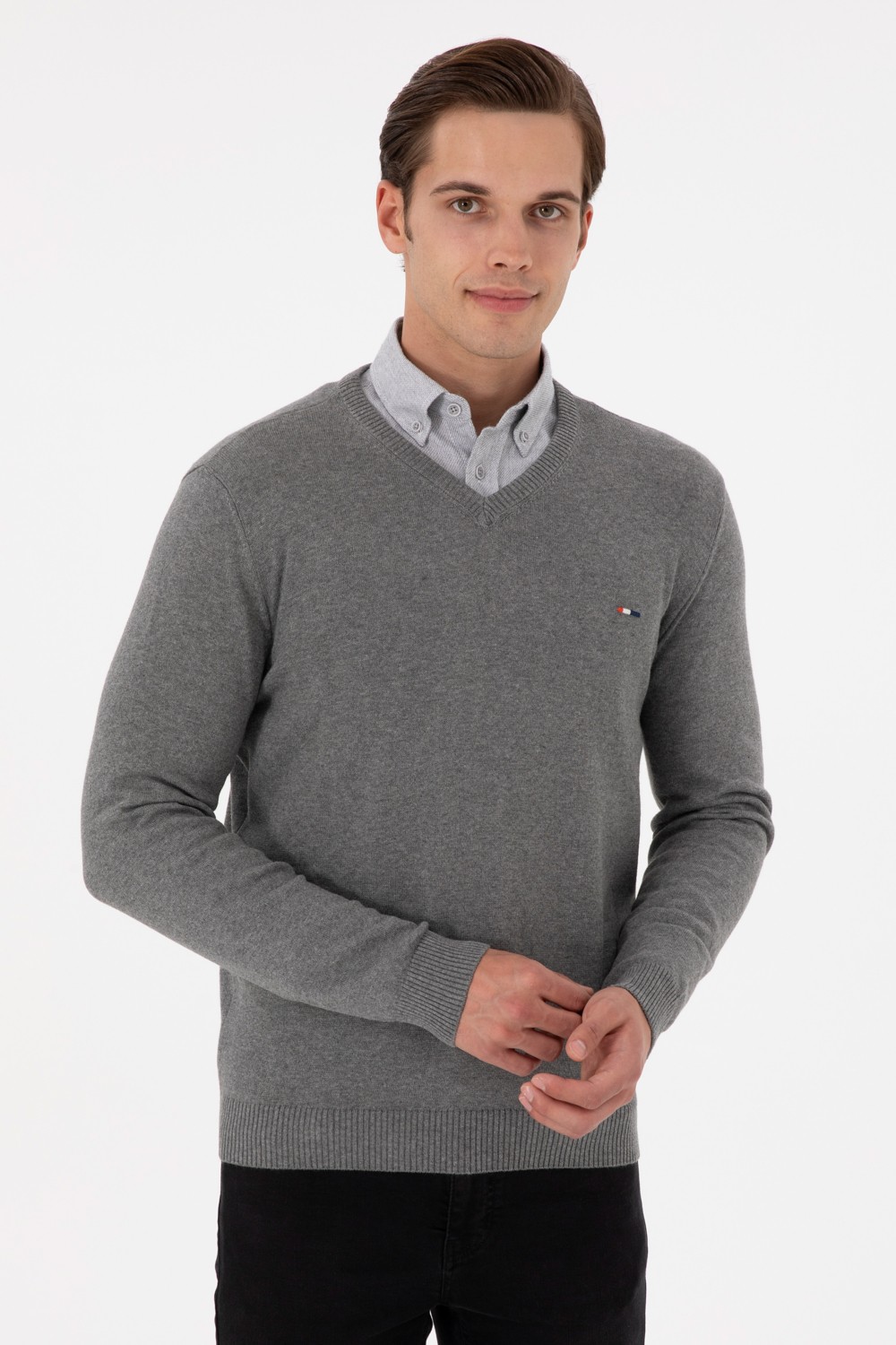 U.S. Polo Assn. Erkek Slim Fit V Yaka Taş Basic Kazak 50298283-VR049
