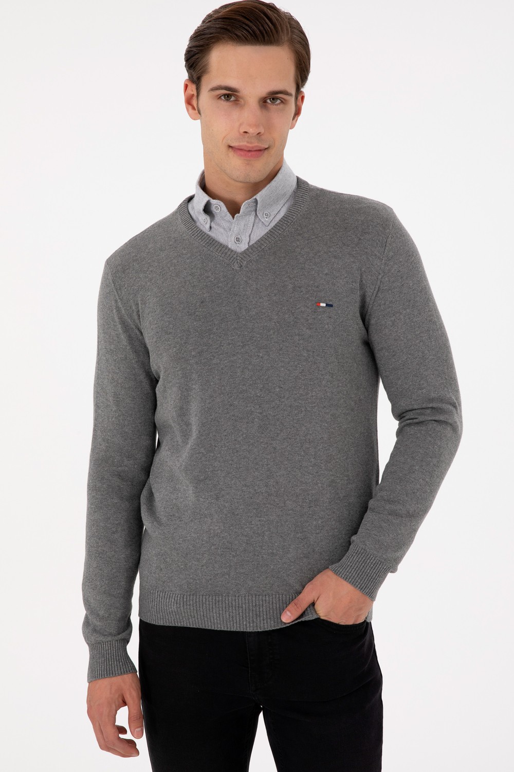 U.S. Polo Assn. Erkek Slim Fit V Yaka Taş Basic Kazak 50298283-VR049 görsel 3