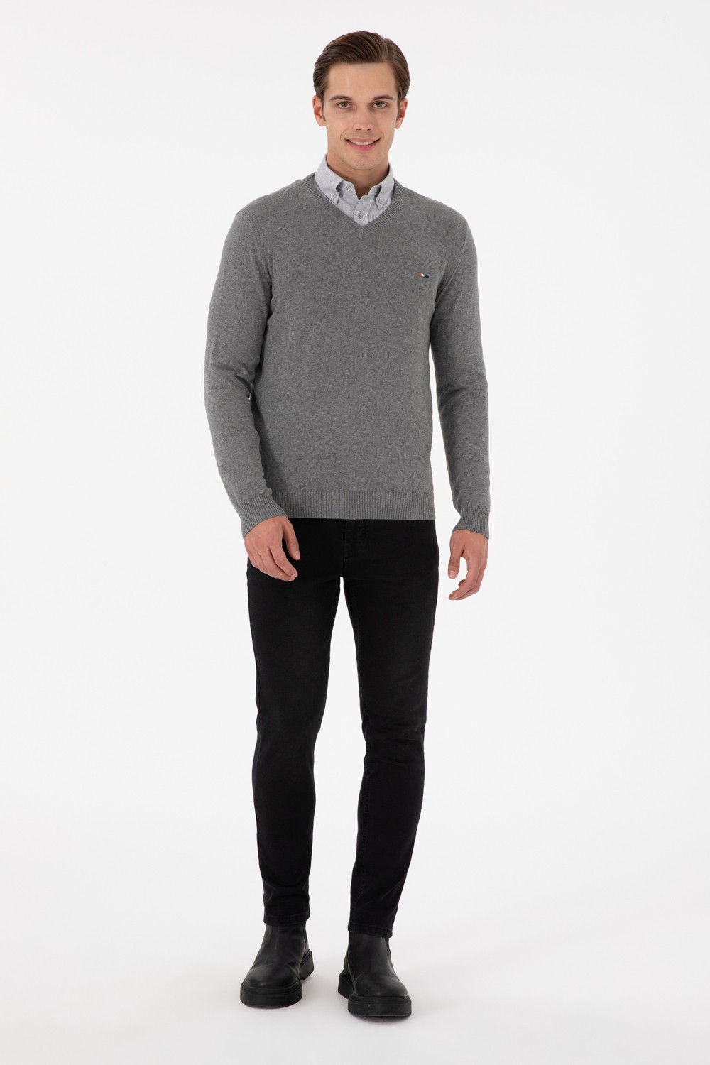U.S. Polo Assn. Erkek Slim Fit V Yaka Taş Basic Kazak 50298283-VR049 görsel 4