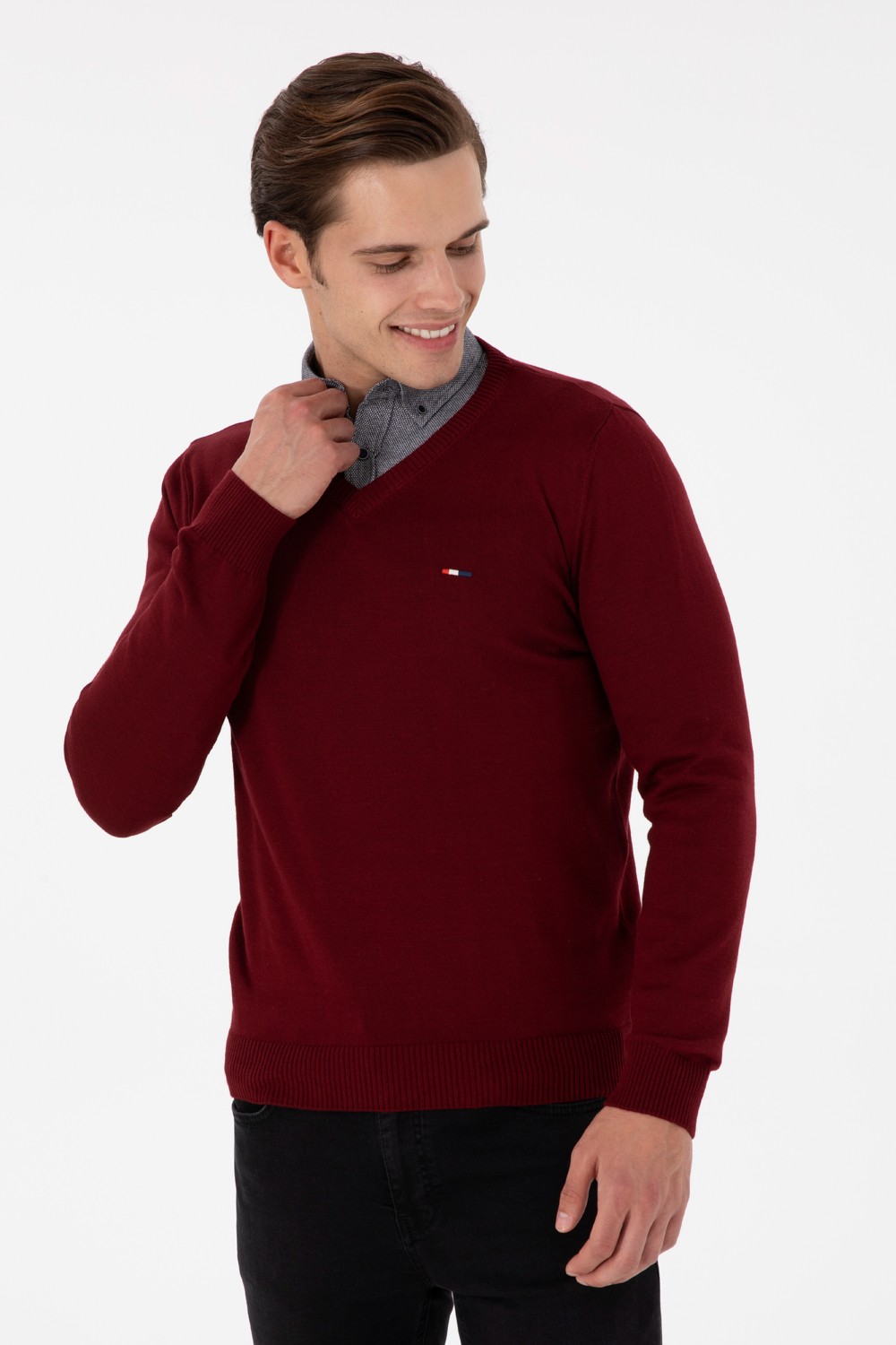U.S. Polo Assn. Erkek Slim Fit V Yaka Taş Basic Kazak 50298283-VR049 görsel 8