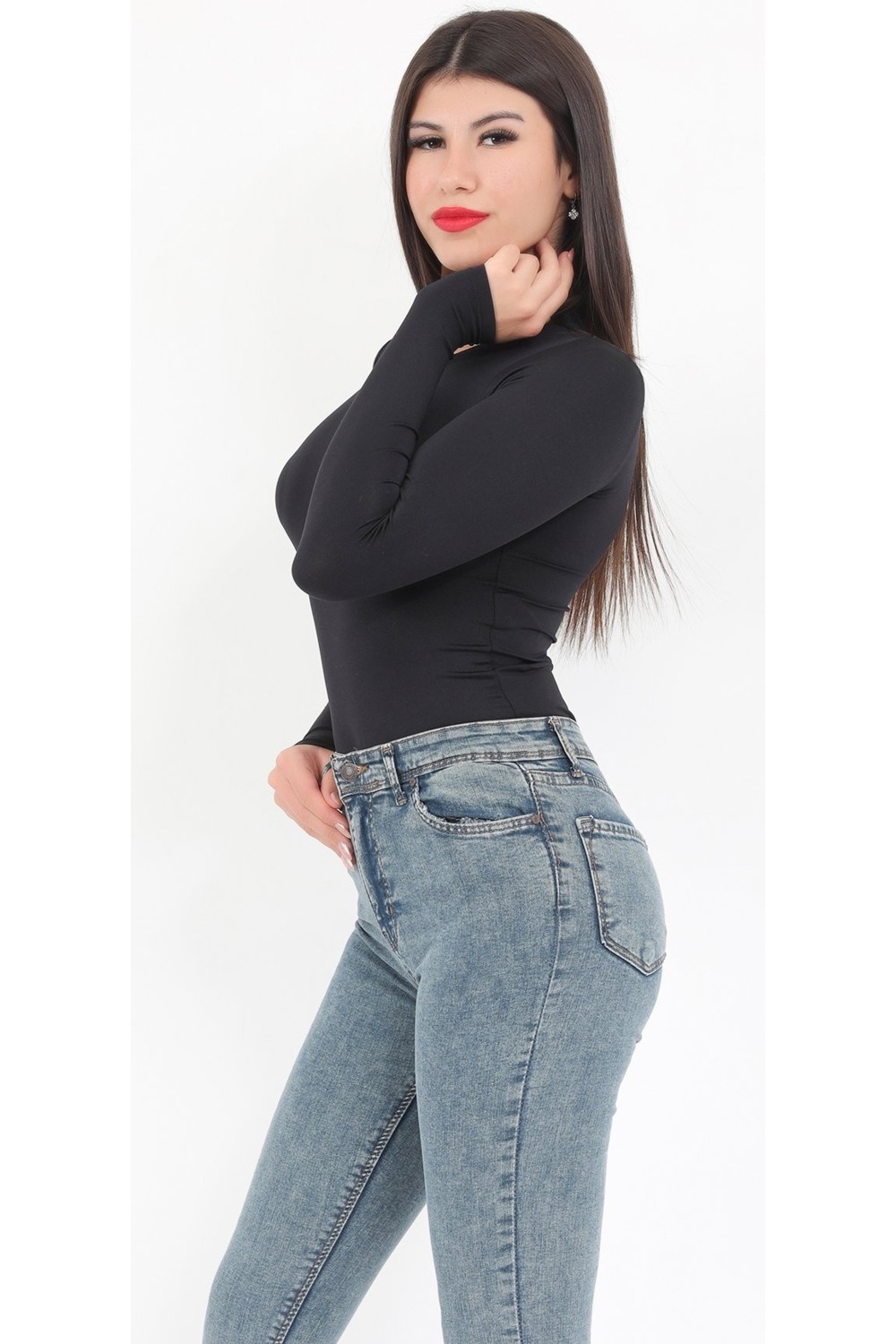 Giysa Kadın Ekru Bisiklet Yaka Uzun Kollu Esnek Çıtçıtlı Body Zıbın - 2439 görsel 5