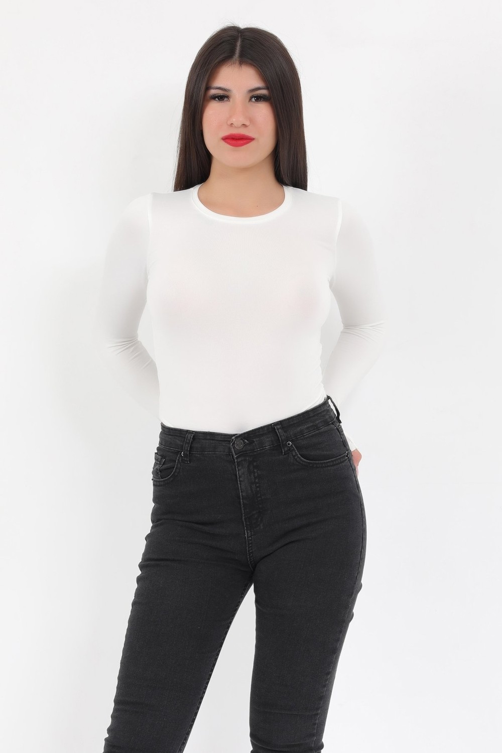 Giysa Kadın Ekru Bisiklet Yaka Uzun Kollu Esnek Çıtçıtlı Body Zıbın - 2439 görsel 8
