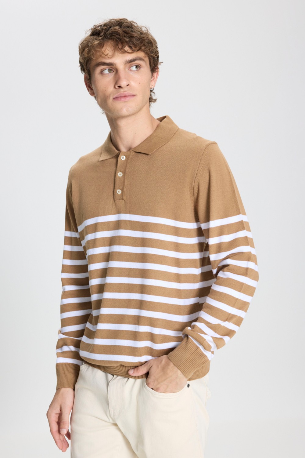 Altınyıldız Classics Erkek VIZON-EKRU Standart Fit Normal Kesim Polo Yaka Çizgili Triko Kazak görsel 7