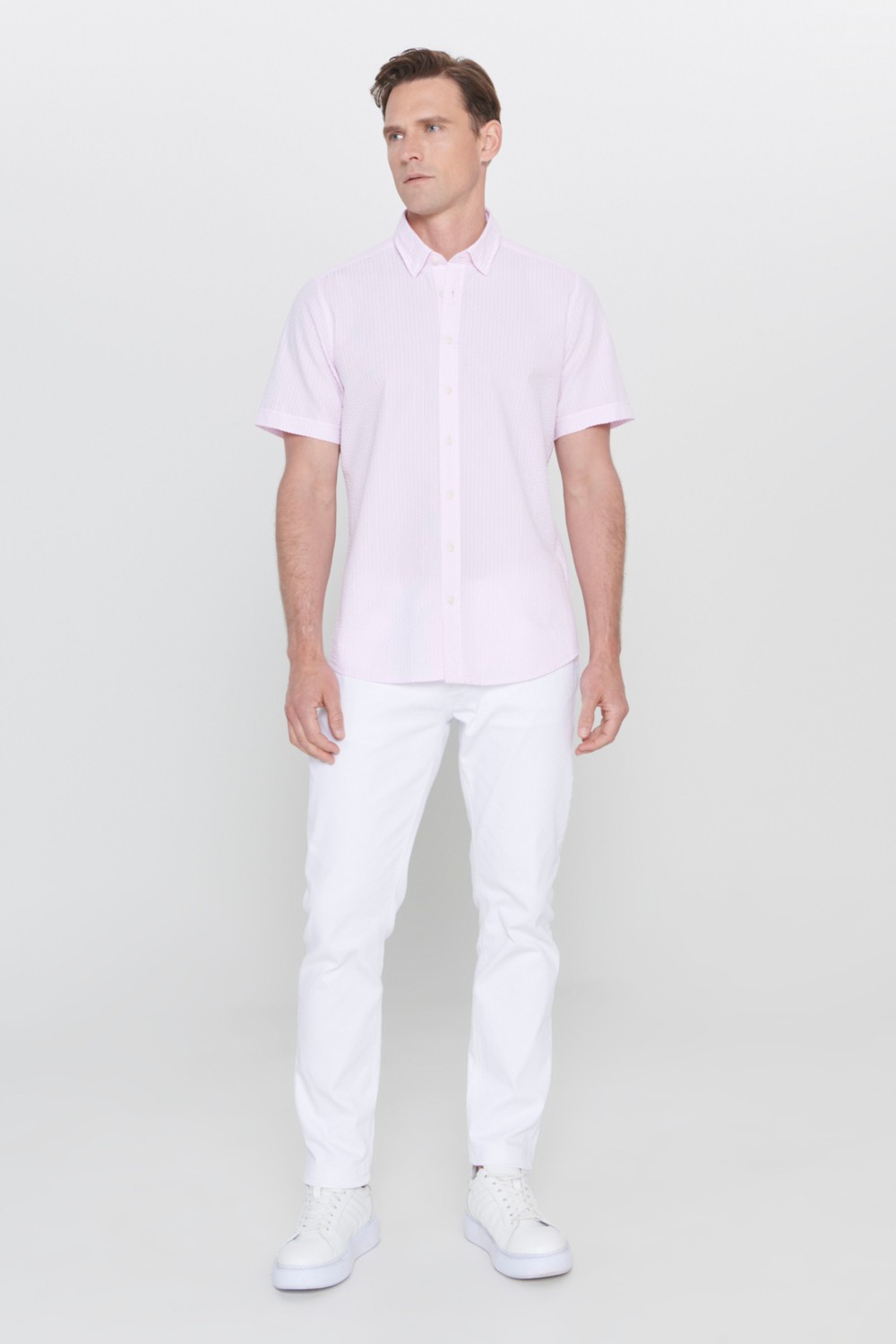 Altınyıldız Classics Erkek Pembe Slim Fit Dar Kesim Gizli Düğmeli Yaka %100 Pamuk Gofre Desenli Kısa Kollu Gömlek görsel 2
