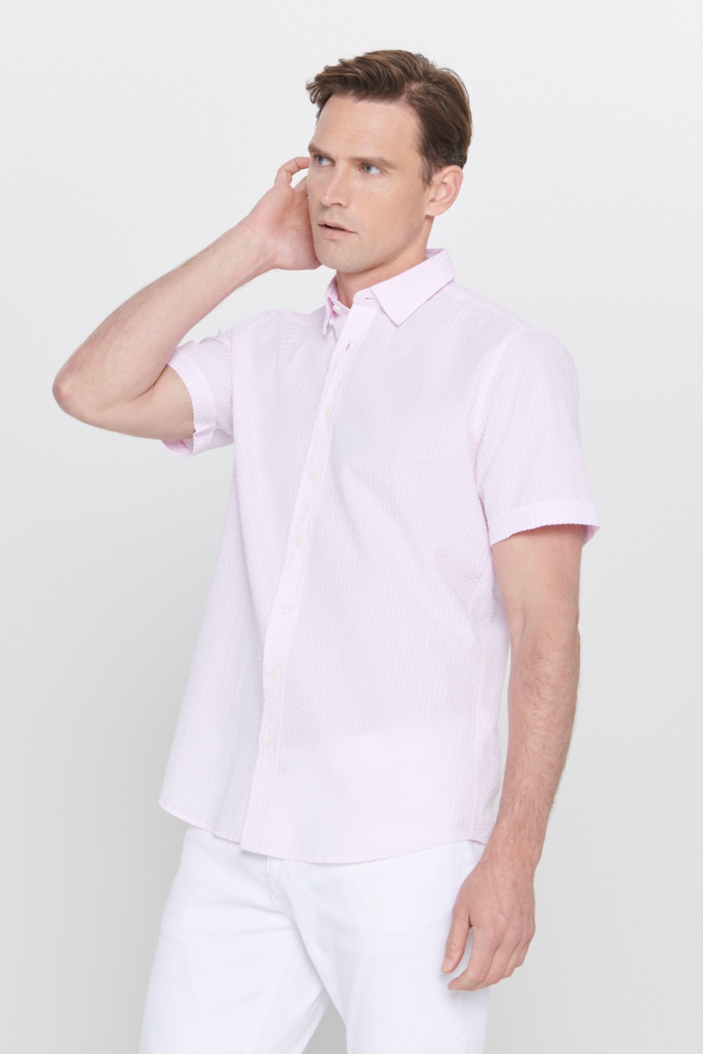 Altınyıldız Classics Erkek Pembe Slim Fit Dar Kesim Gizli Düğmeli Yaka %100 Pamuk Gofre Desenli Kısa Kollu Gömlek görsel 3