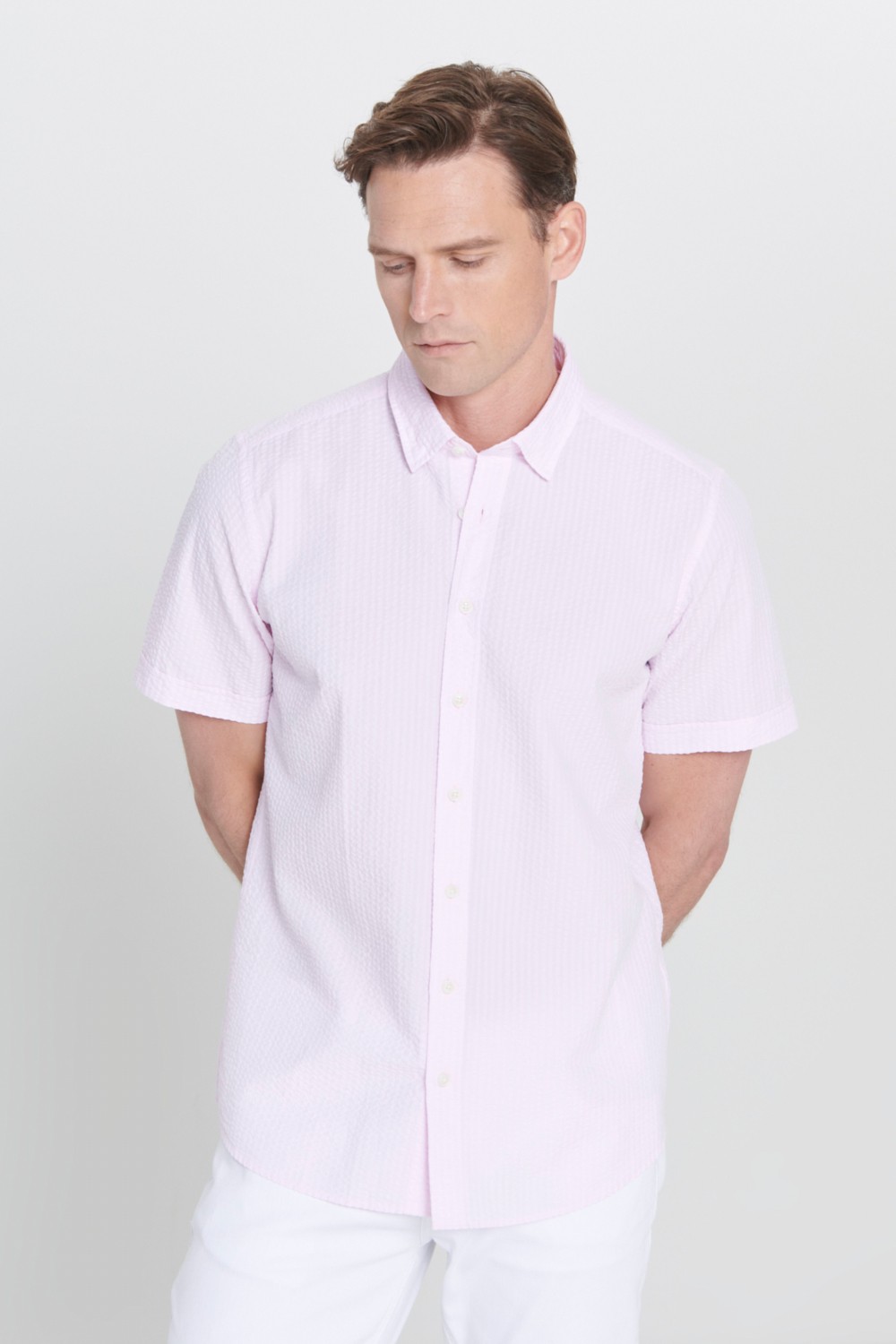 Altınyıldız Classics Erkek Pembe Slim Fit Dar Kesim Gizli Düğmeli Yaka %100 Pamuk Gofre Desenli Kısa Kollu Gömlek görsel 4